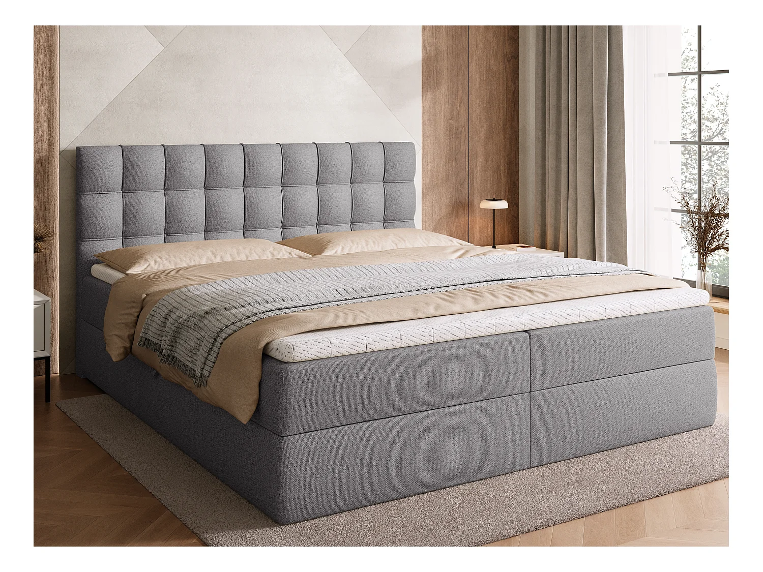 Lit boxspring avec rangement DETROIT - matelas - surmatelas - gris - 180x200 cm