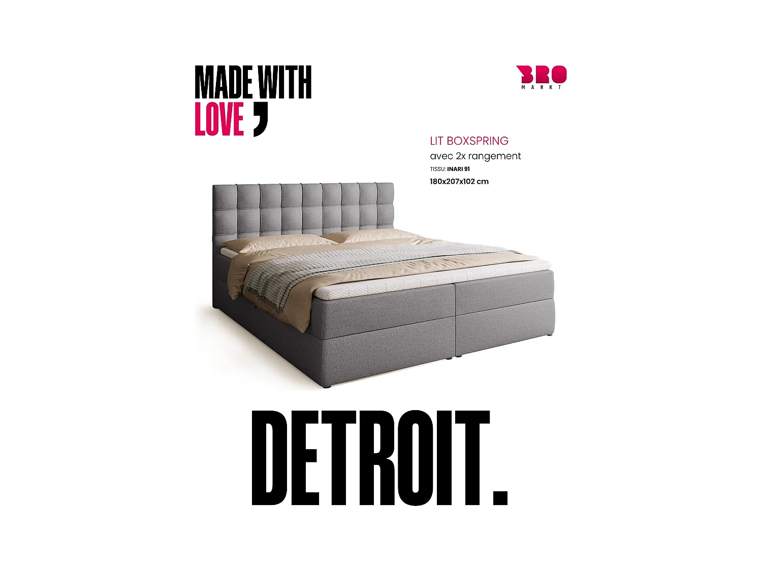 Lit boxspring avec rangement DETROIT - matelas - surmatelas - gris - 180x200 cm
