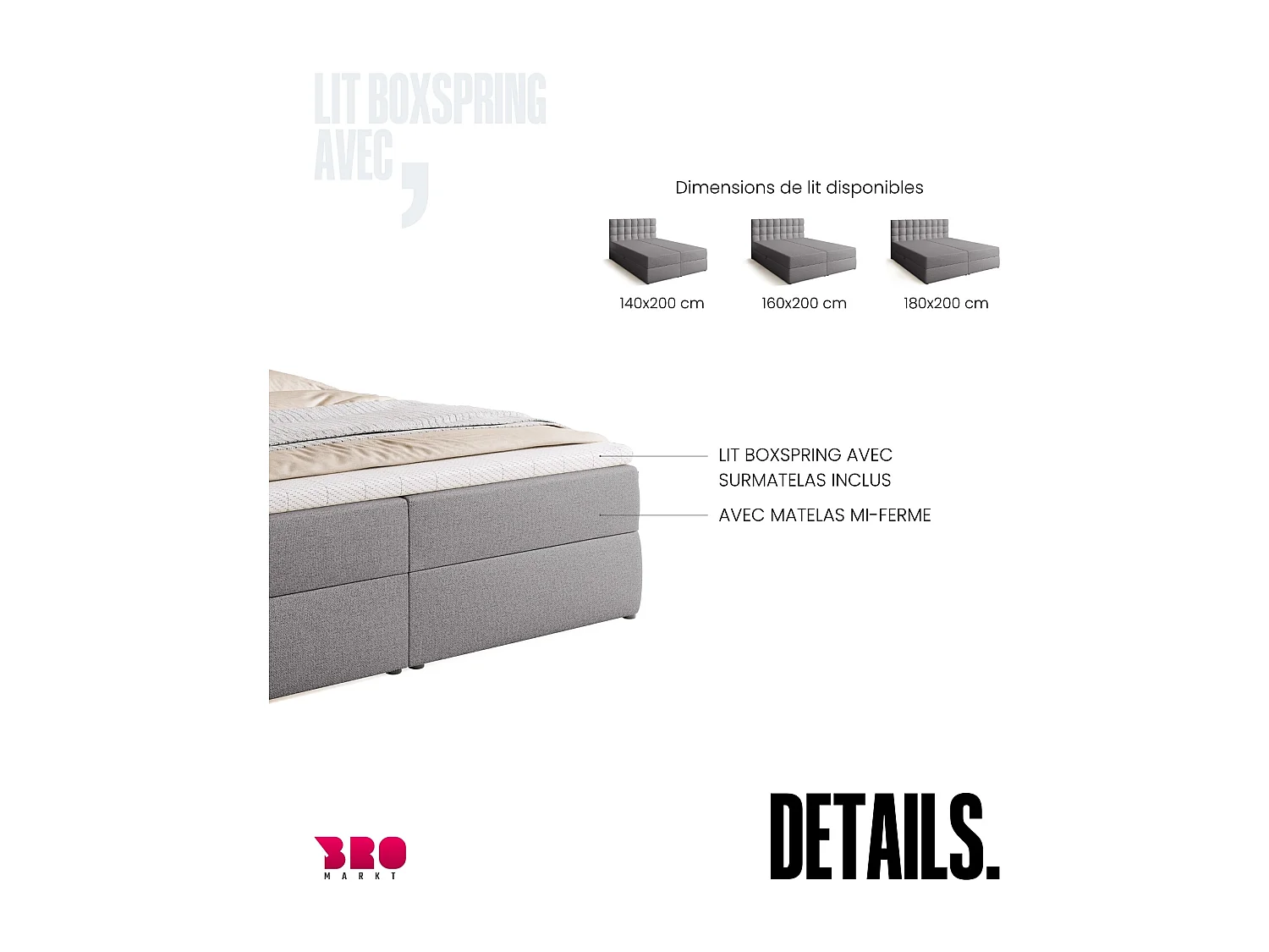 Lit boxspring avec rangement DETROIT - matelas - surmatelas - gris - 180x200 cm