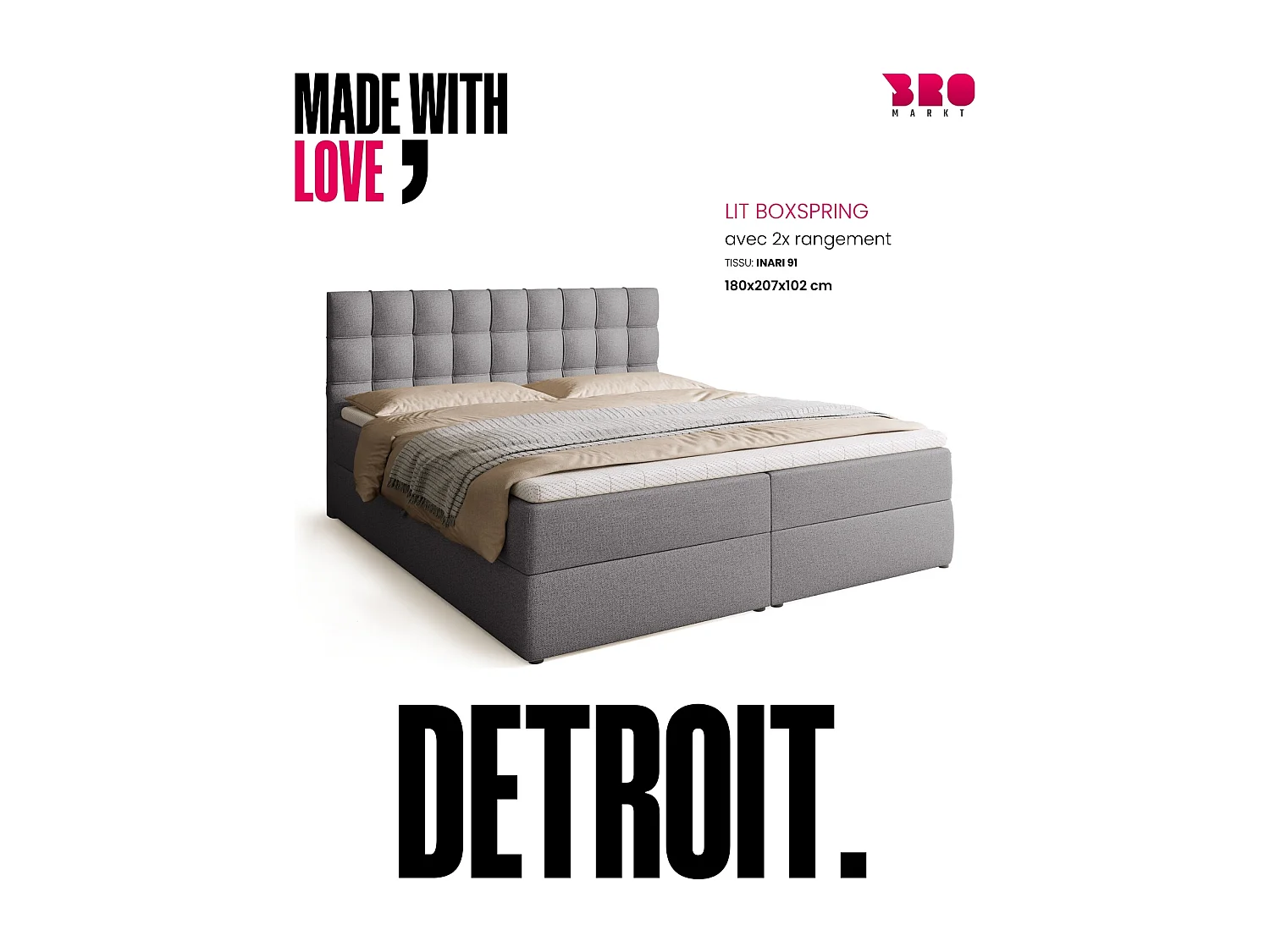 Boxspringbed met hoofdeinde, matras en dekmatras - DETROIT - 180x200 - grijs