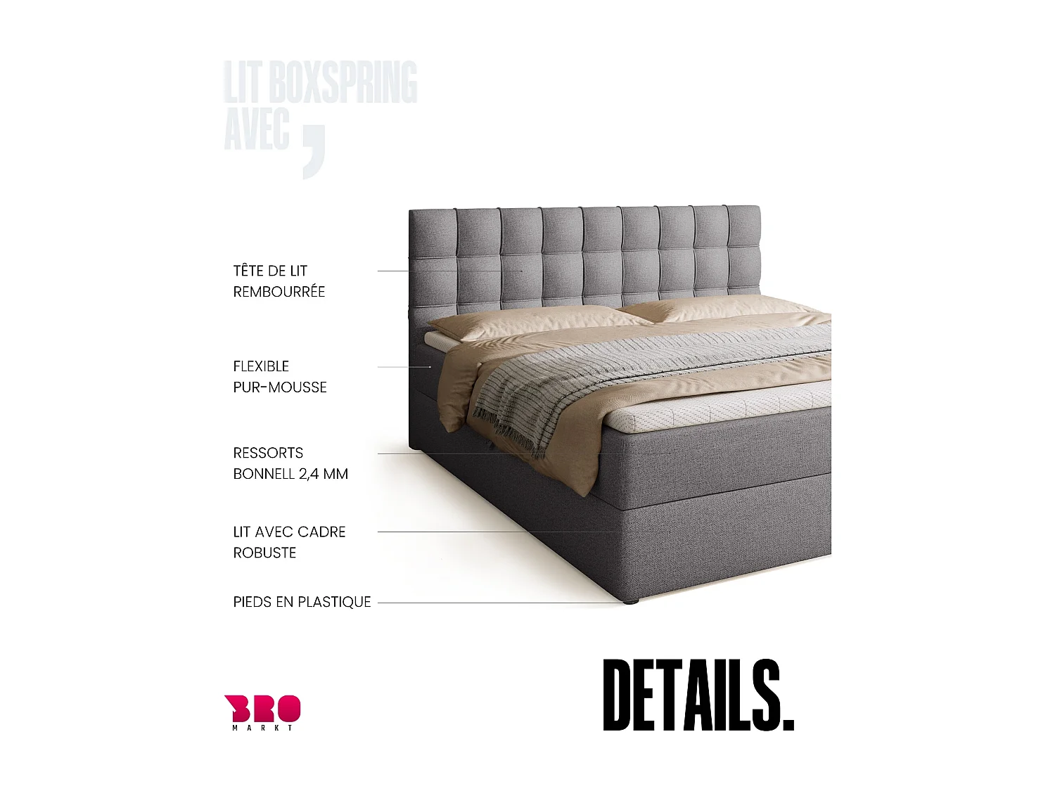 Boxspringbed met hoofdeinde, matras en dekmatras - DETROIT - 180x200 - grijs