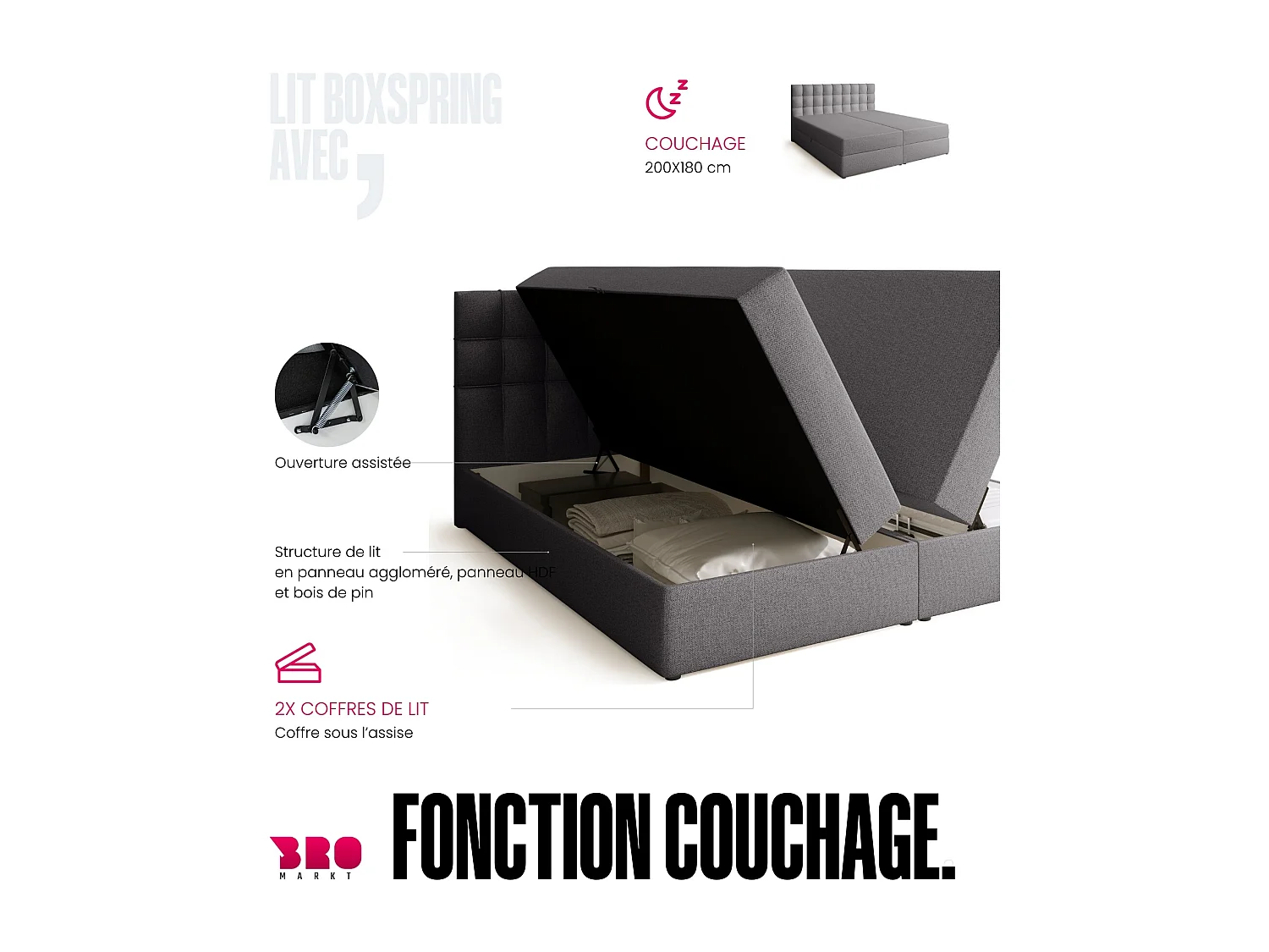 Boxspringbed met hoofdeinde, matras en dekmatras - DETROIT - 180x200 - grijs