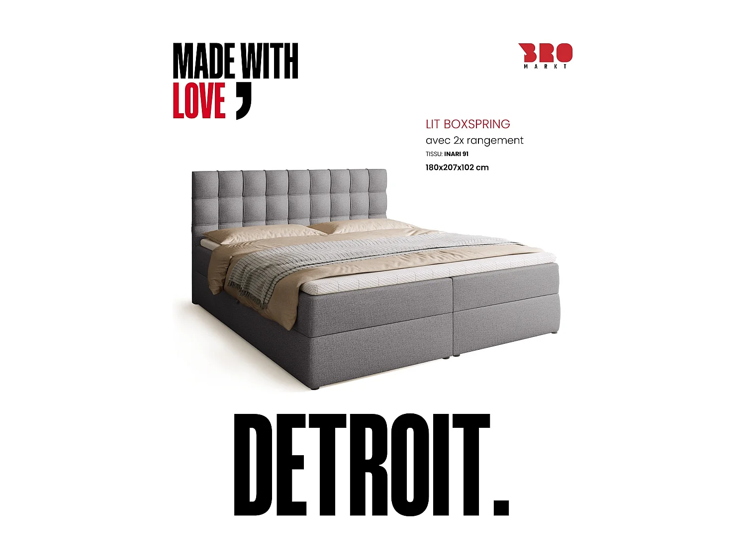 Lit boxspring avec rangement DETROIT - matelas - surmatelas - gris - 180x200 cm