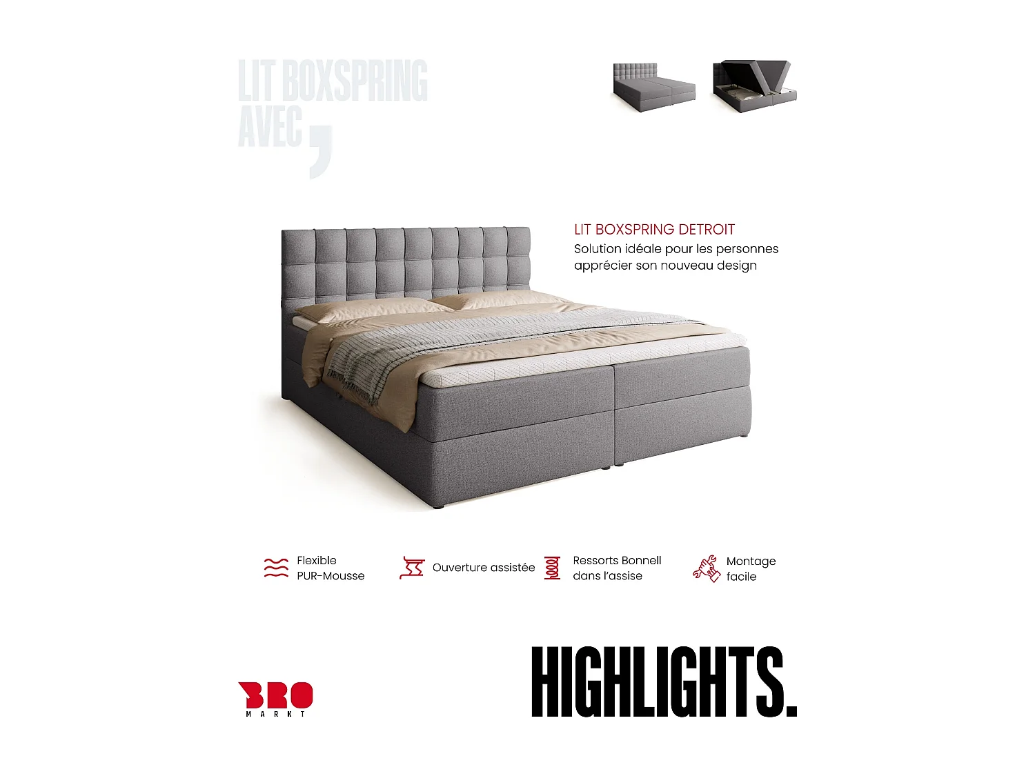 Lit boxspring avec rangement DETROIT - matelas - surmatelas - gris - 180x200 cm