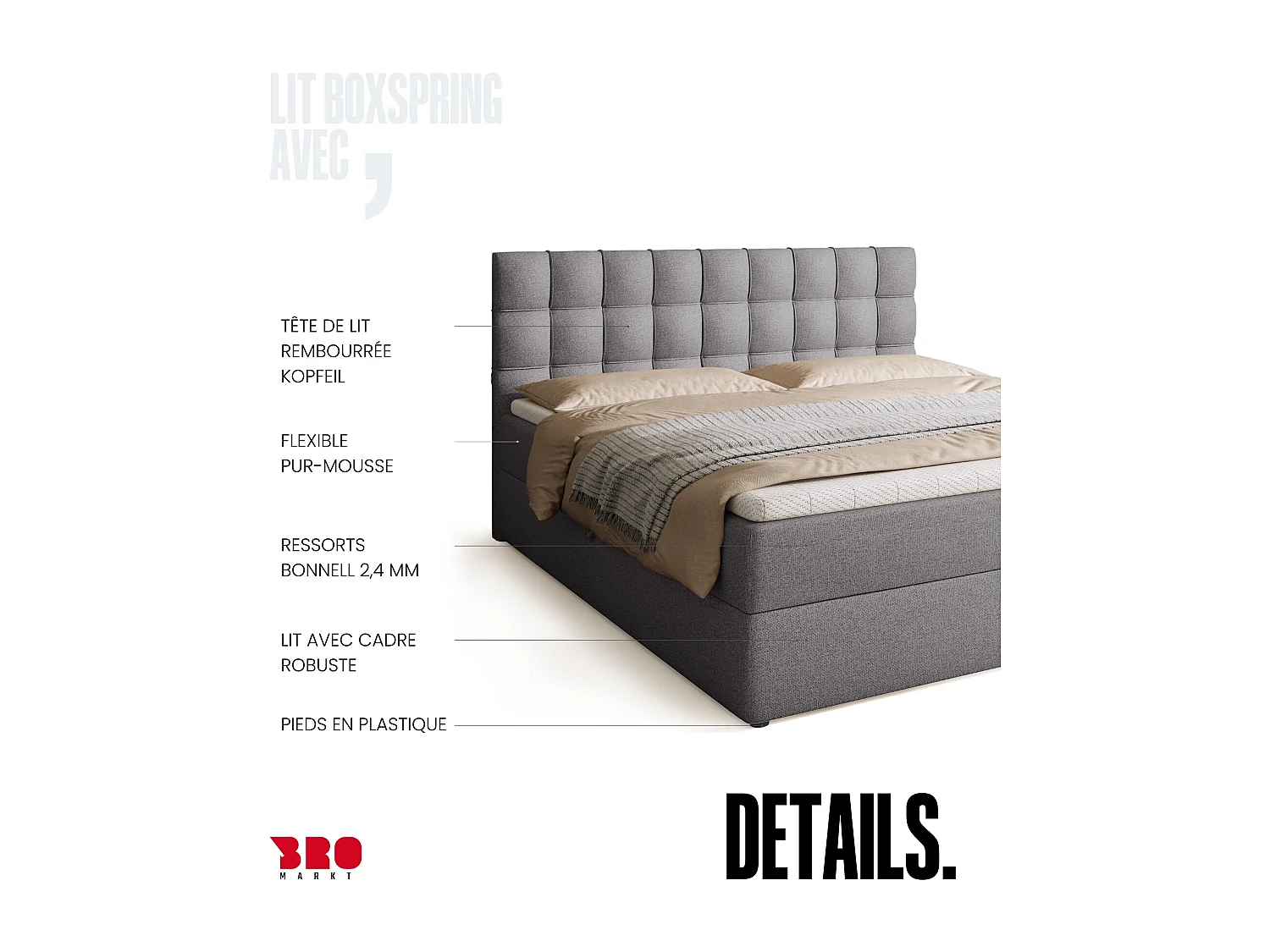 Lit boxspring avec rangement DETROIT - matelas - surmatelas - gris - 180x200 cm