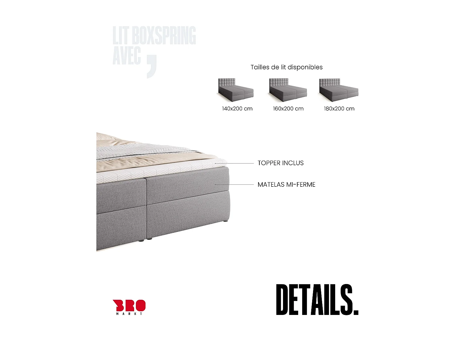 Lit boxspring avec rangement DETROIT - matelas - surmatelas - gris - 180x200 cm