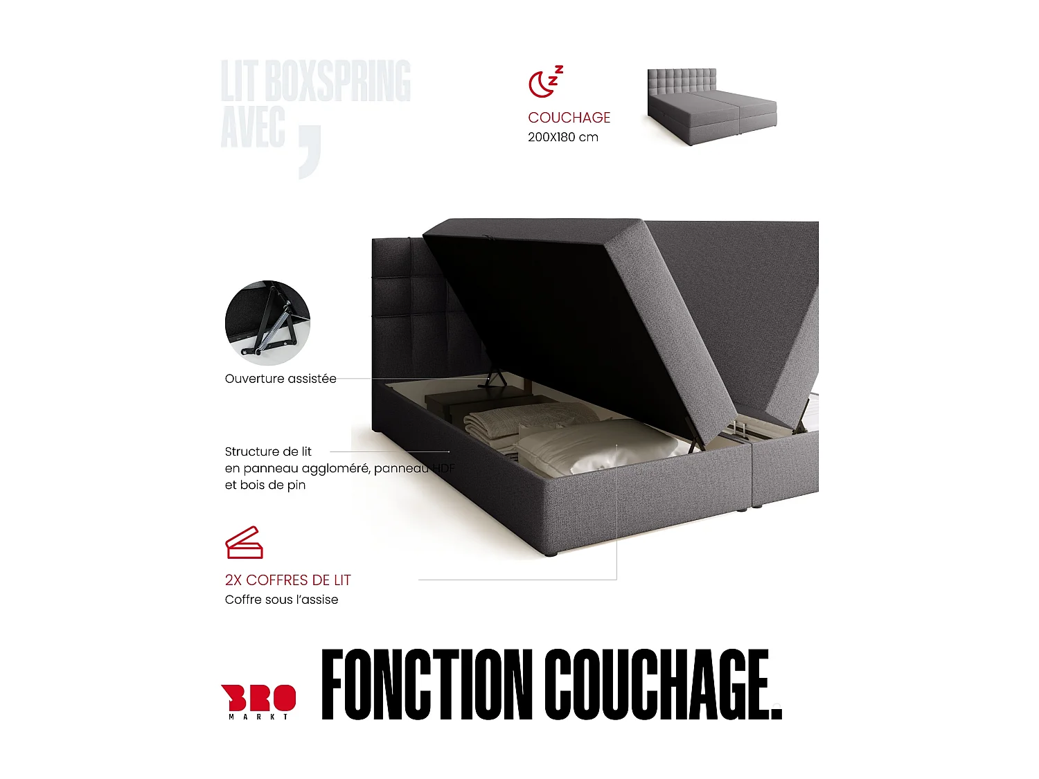 Lit boxspring avec rangement DETROIT - matelas - surmatelas - gris - 180x200 cm