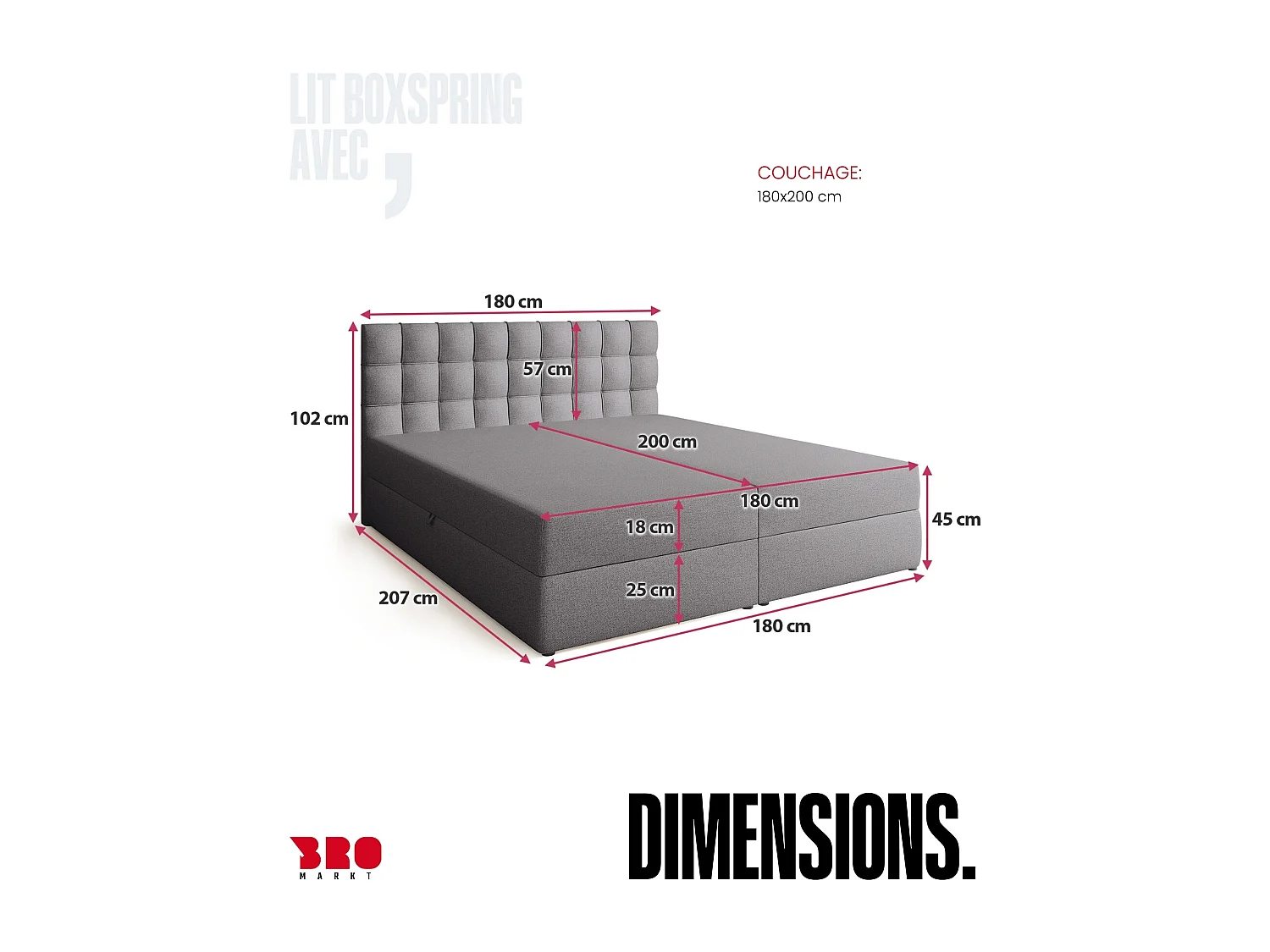 Lit boxspring avec rangement DETROIT - matelas - surmatelas - gris - 180x200 cm