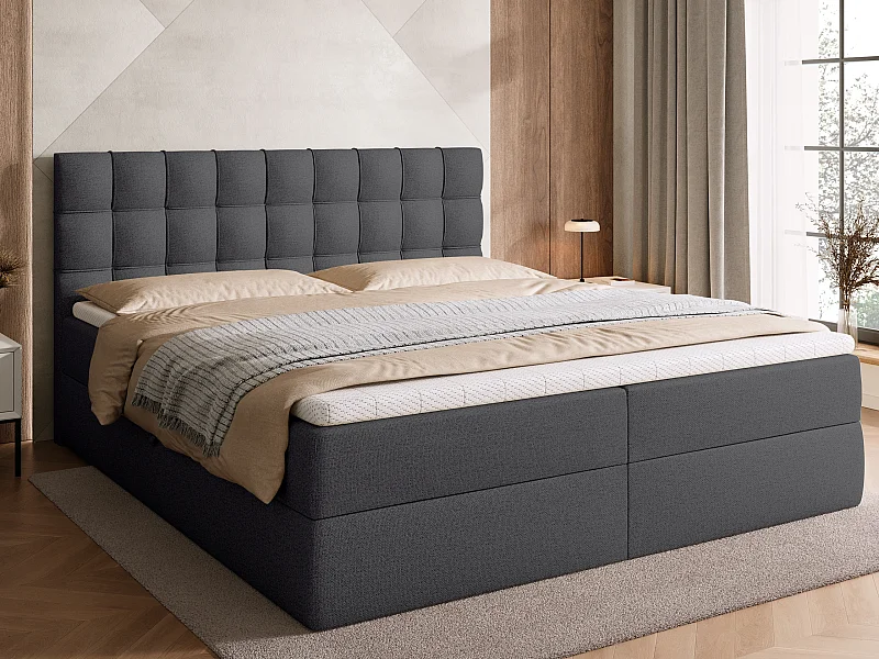 Lit boxspring avec rangement DETROIT - matelas - surmatelas - gris foncé - 180x200 cm