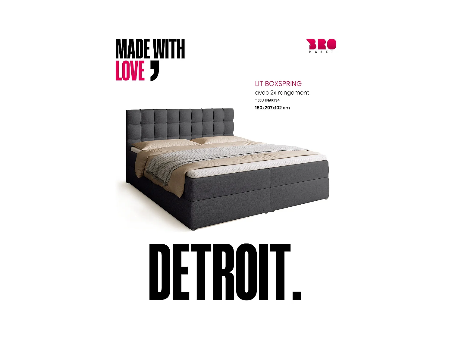 Boxspringbed met hoofdeinde, matras en dekmatras - DETROIT - 180x200 - donkergrijs