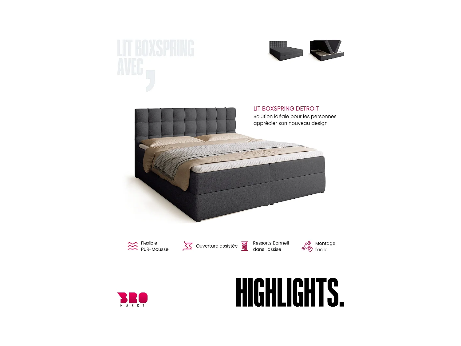 Boxspringbed met hoofdeinde, matras en dekmatras - DETROIT - 180x200 - donkergrijs