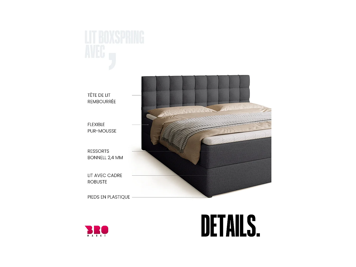 Boxspringbed met hoofdeinde, matras en dekmatras - DETROIT - 180x200 - donkergrijs