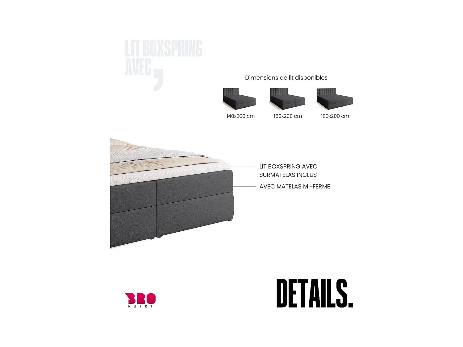 Boxspringbed met hoofdeinde, matras en dekmatras - DETROIT - 180x200 - donkergrijs