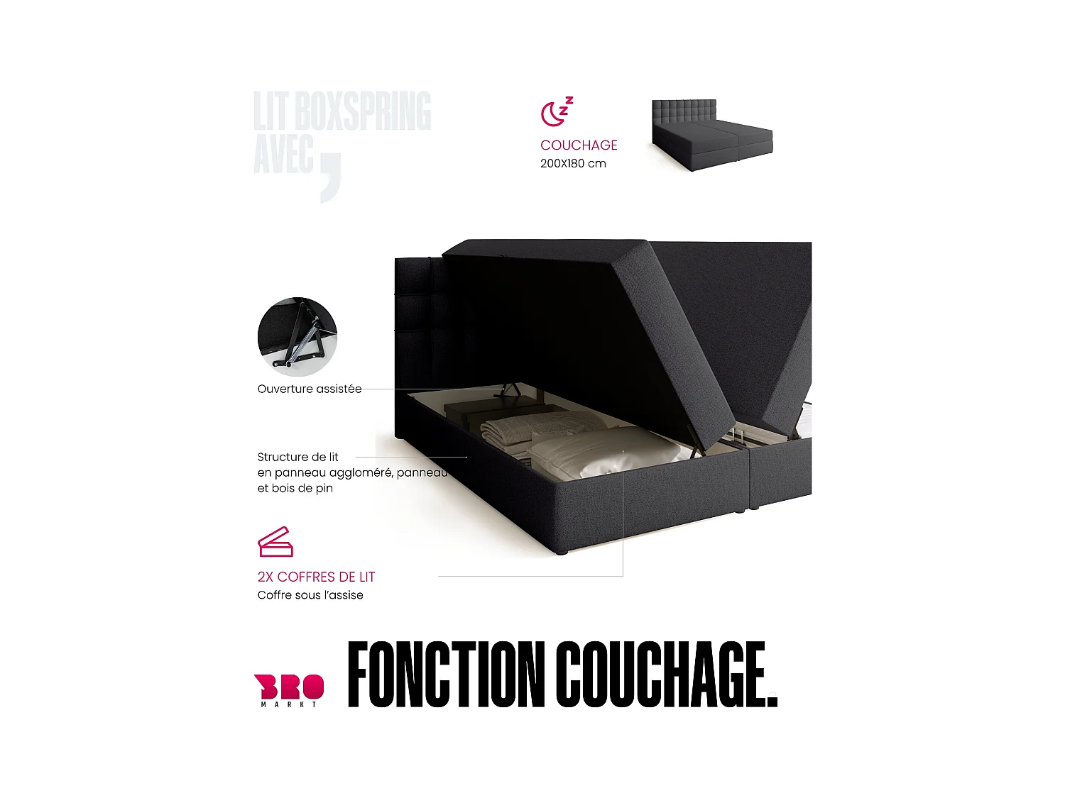 Boxspringbed met hoofdeinde, matras en dekmatras - DETROIT - 180x200 - donkergrijs