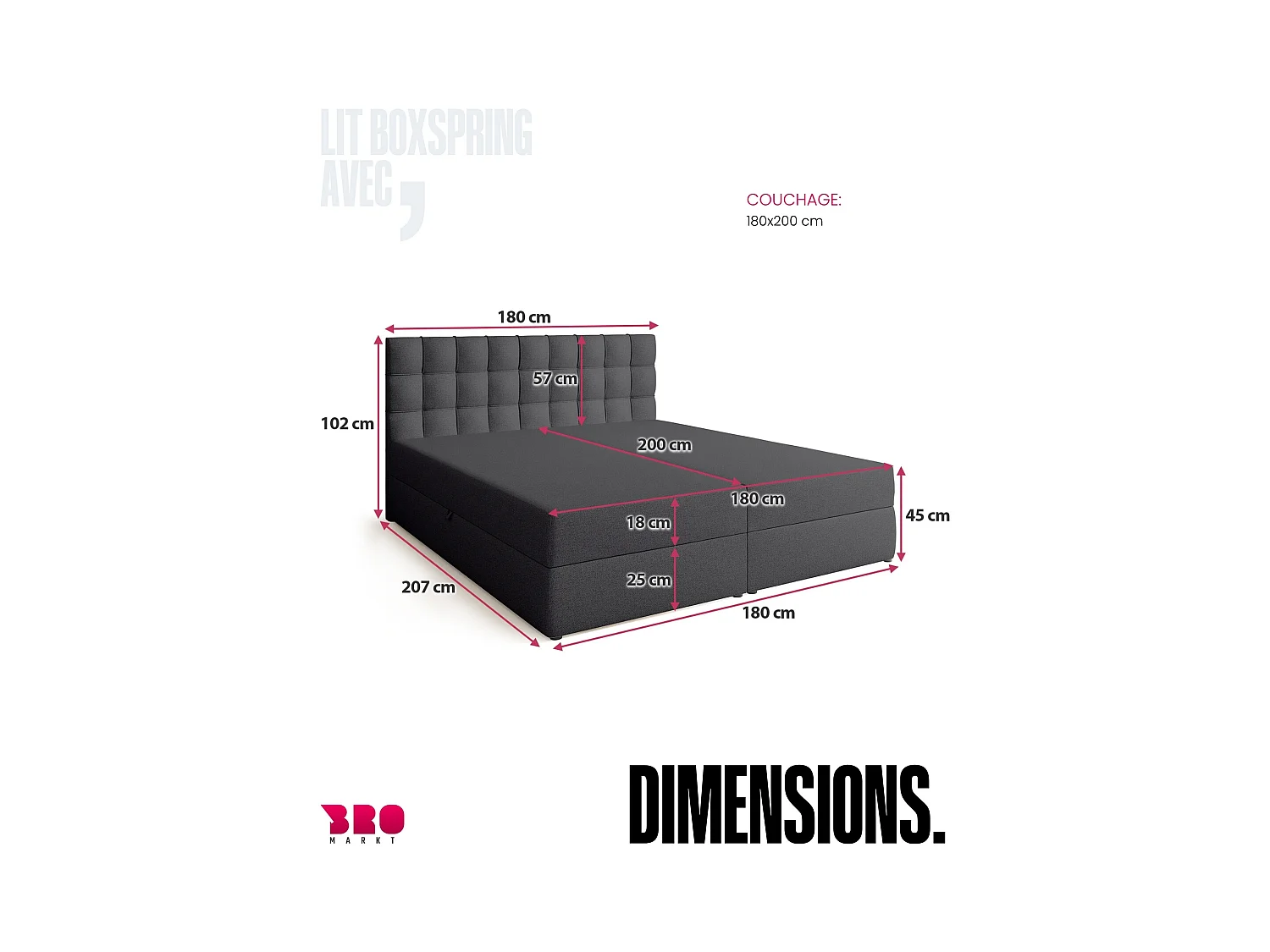 Boxspringbed met hoofdeinde, matras en dekmatras - DETROIT - 180x200 - donkergrijs