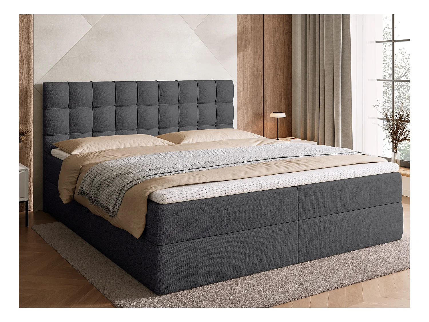 Lit boxspring avec rangement DETROIT - matelas - surmatelas - gris foncé - 180x200 cm