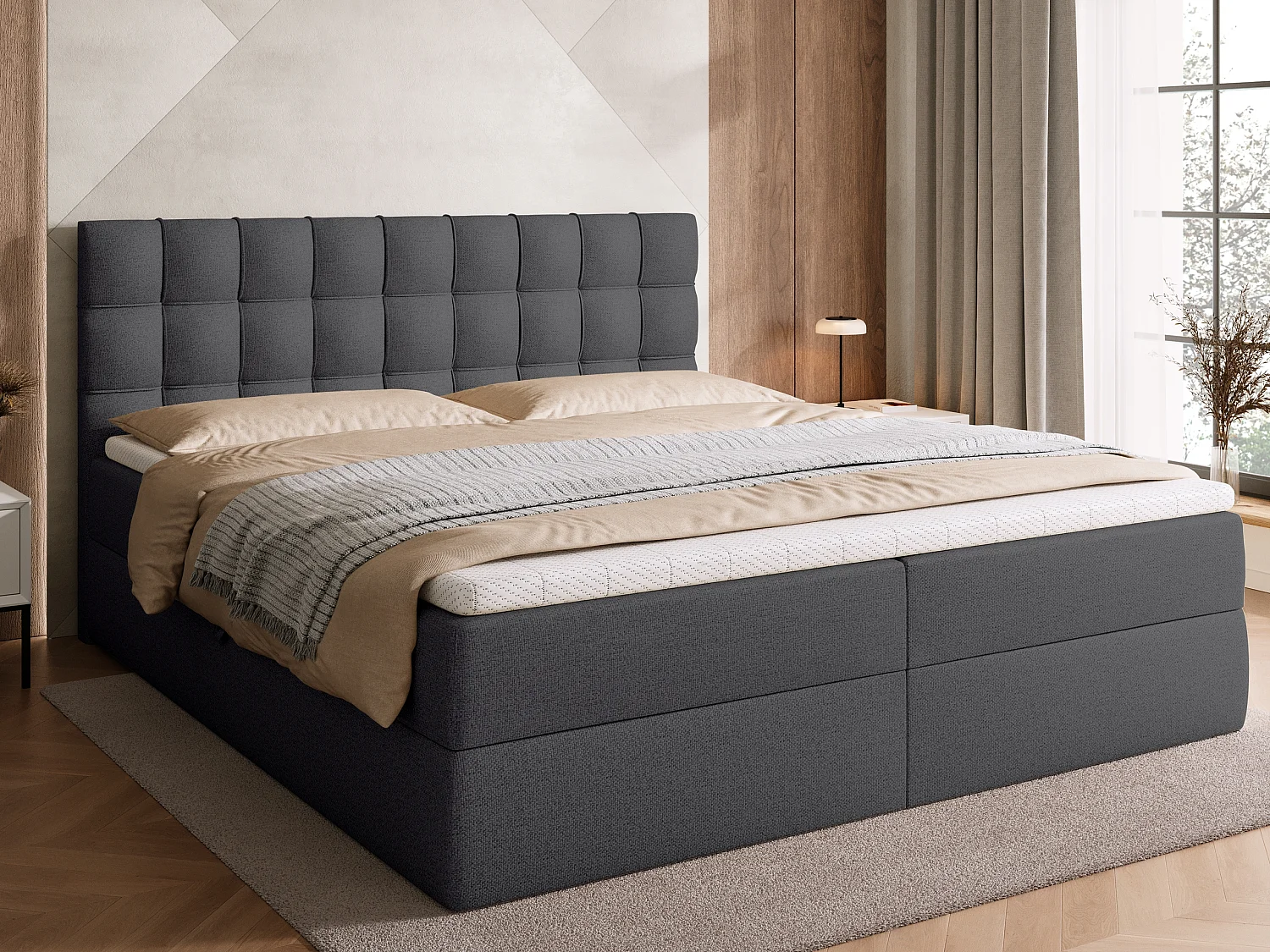 Lit boxspring avec rangement DETROIT - matelas - surmatelas - gris foncé - 180x200 cm