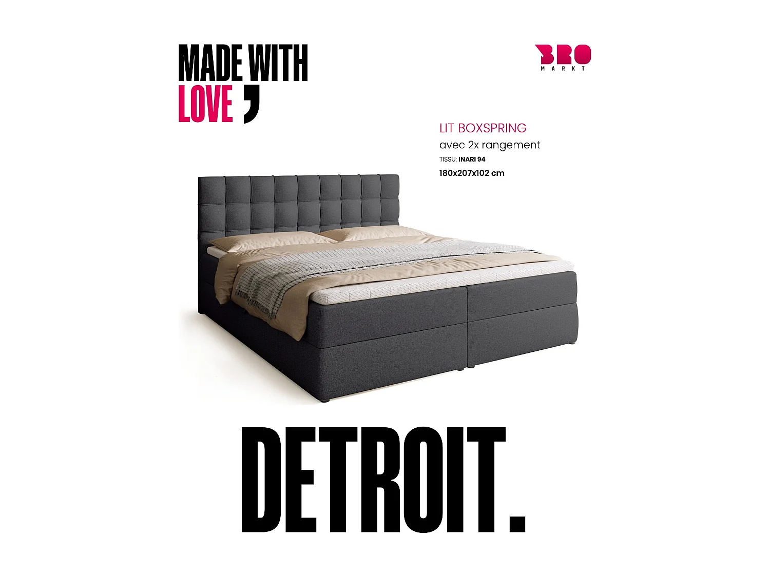 Lit boxspring avec rangement DETROIT - matelas - surmatelas - gris foncé - 180x200 cm