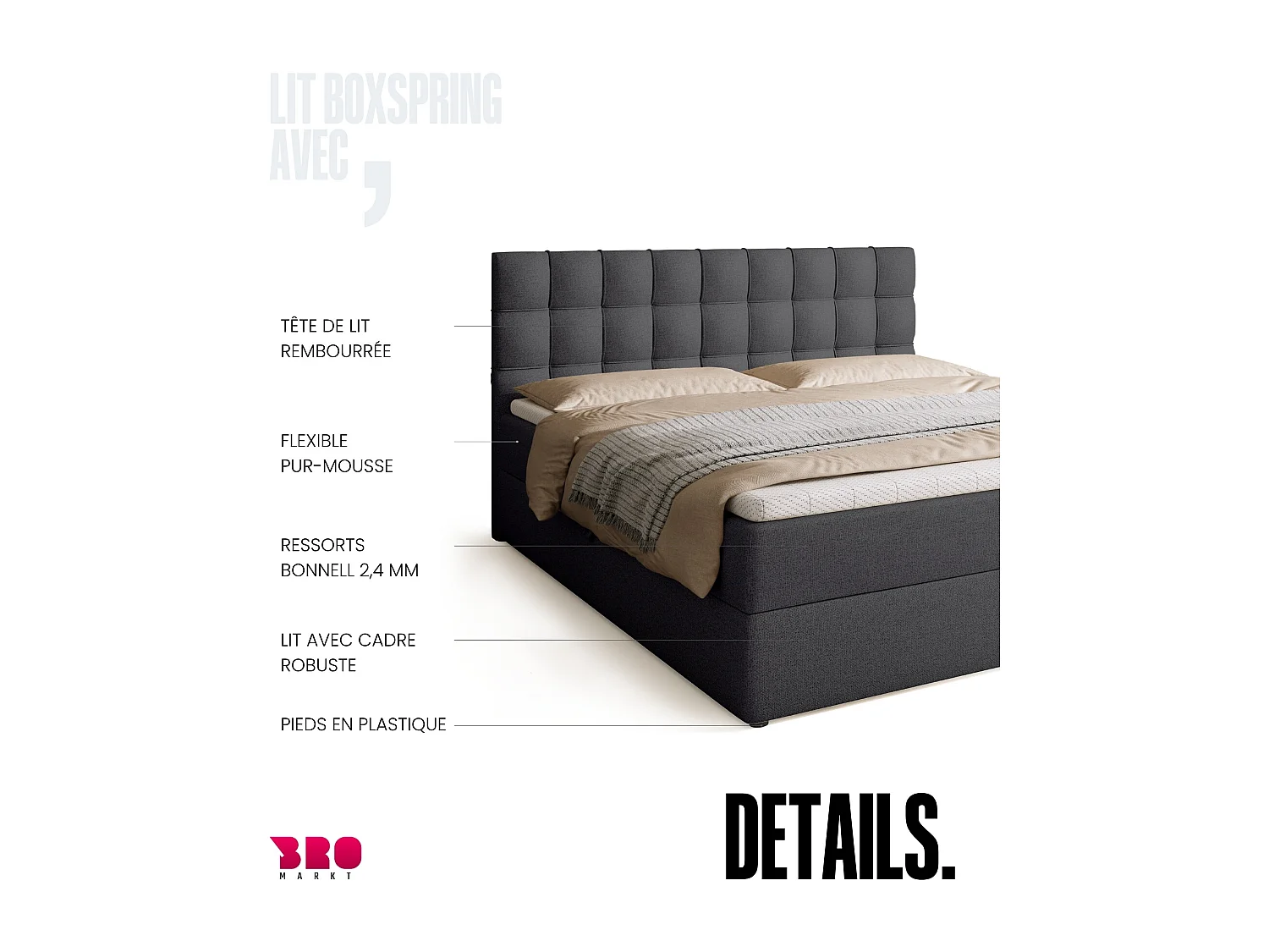 Lit boxspring avec rangement DETROIT - matelas - surmatelas - gris foncé - 180x200 cm