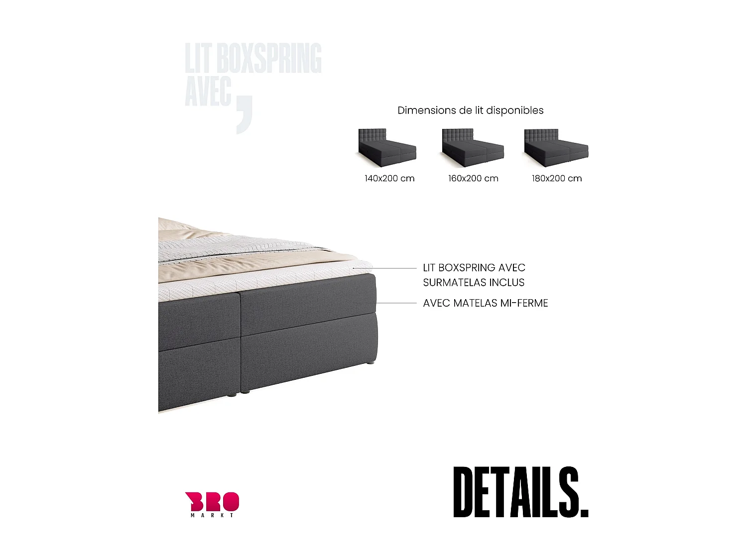 Lit boxspring avec rangement DETROIT - matelas - surmatelas - gris foncé - 180x200 cm