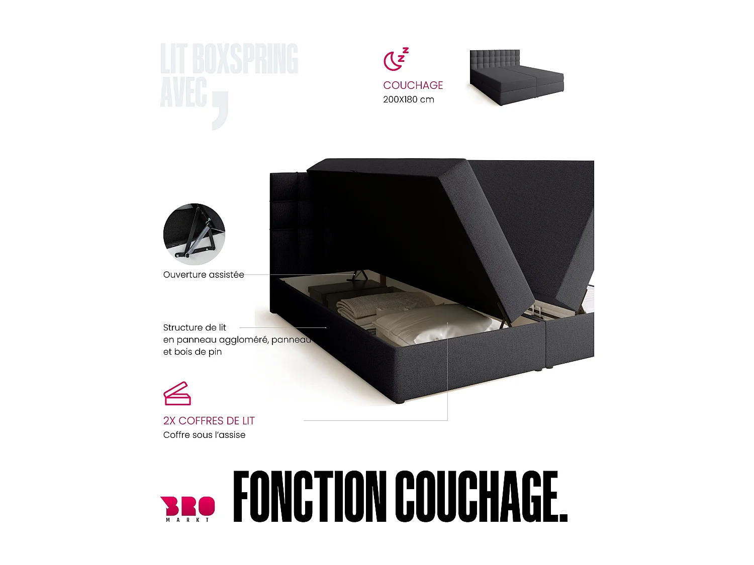 Lit boxspring avec rangement DETROIT - matelas - surmatelas - gris foncé - 180x200 cm