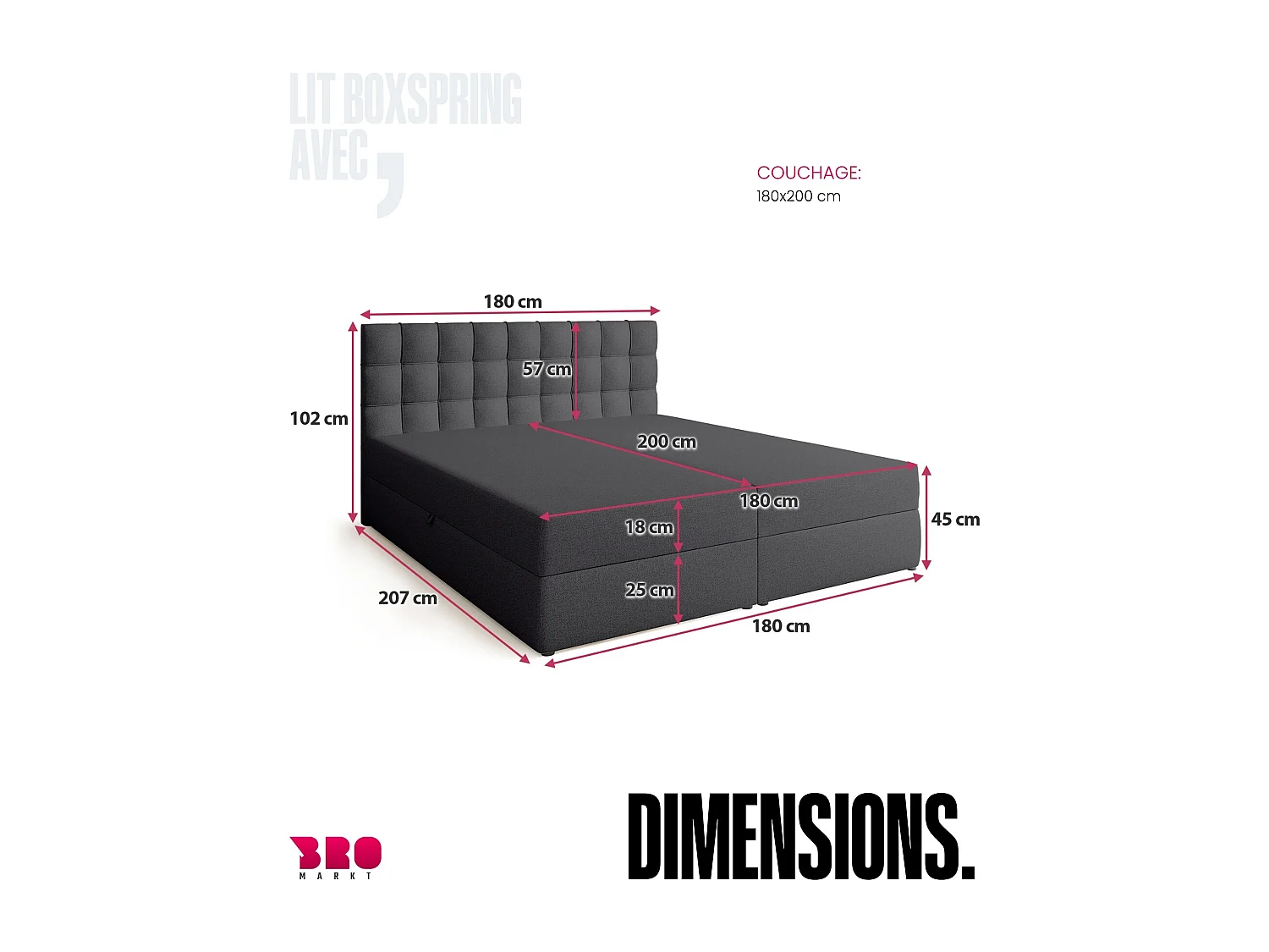 Lit boxspring avec rangement DETROIT - matelas - surmatelas - gris foncé - 180x200 cm