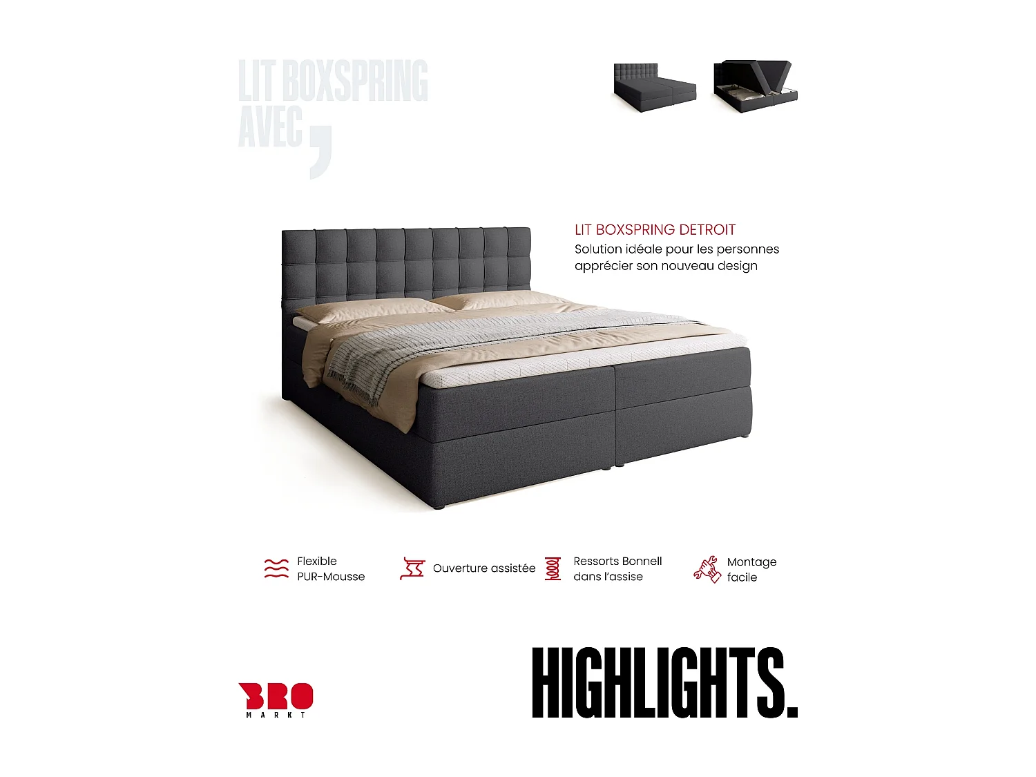 Lit boxspring avec rangement DETROIT - matelas - surmatelas - gris foncé - 180x200 cm