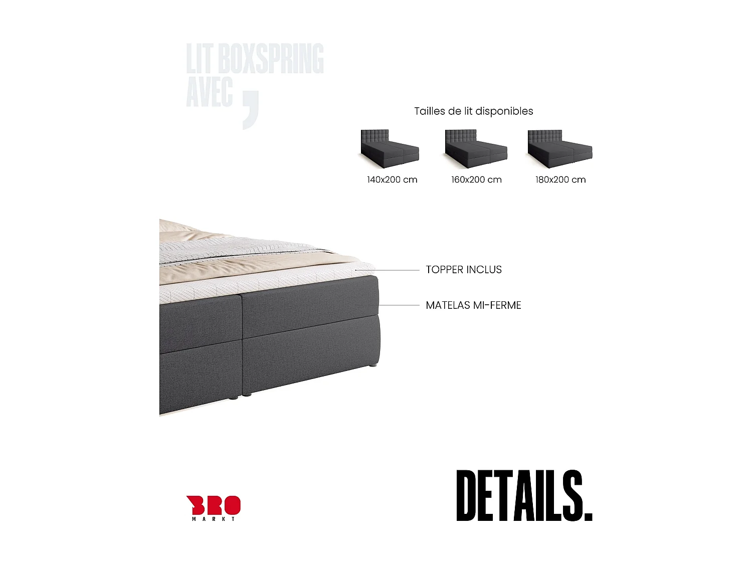 Lit boxspring avec rangement DETROIT - matelas - surmatelas - gris foncé - 180x200 cm