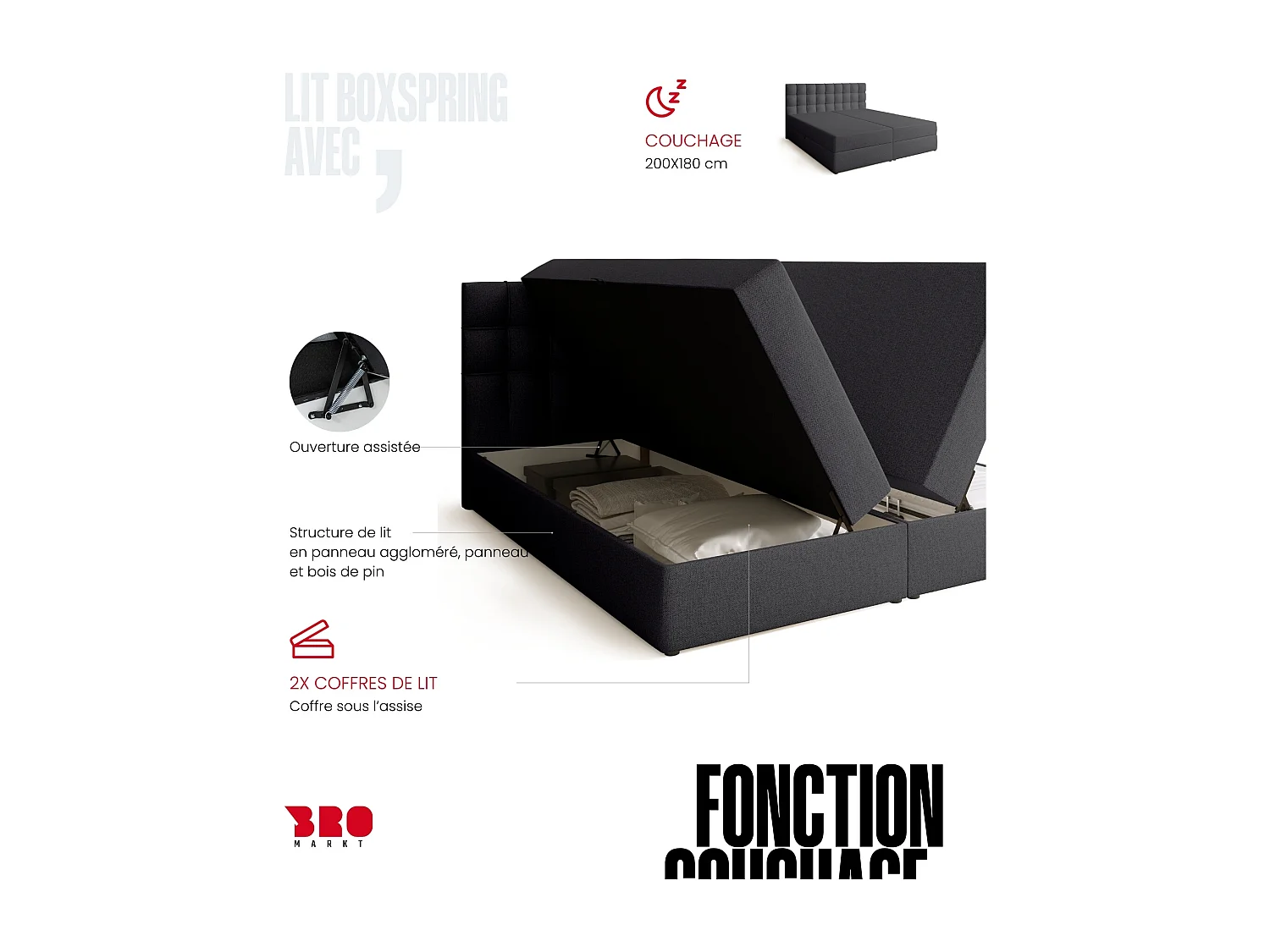 Lit boxspring avec rangement DETROIT - matelas - surmatelas - gris foncé - 180x200 cm