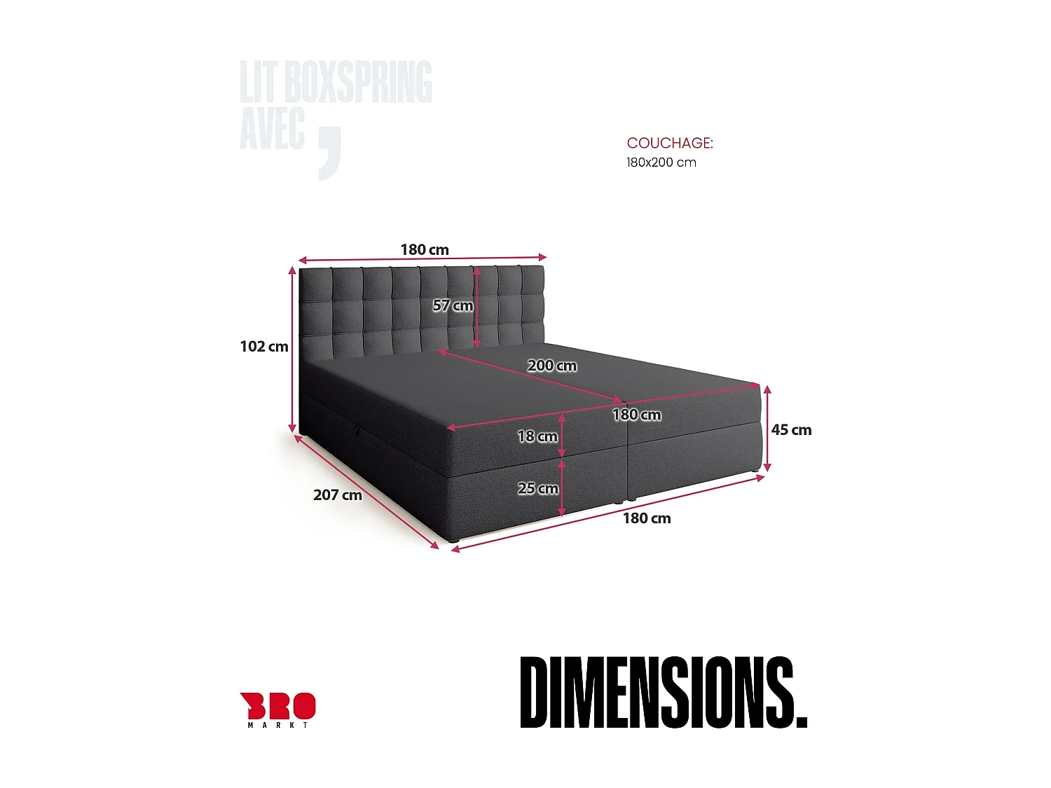 Lit boxspring avec rangement DETROIT - matelas - surmatelas - gris foncé - 180x200 cm