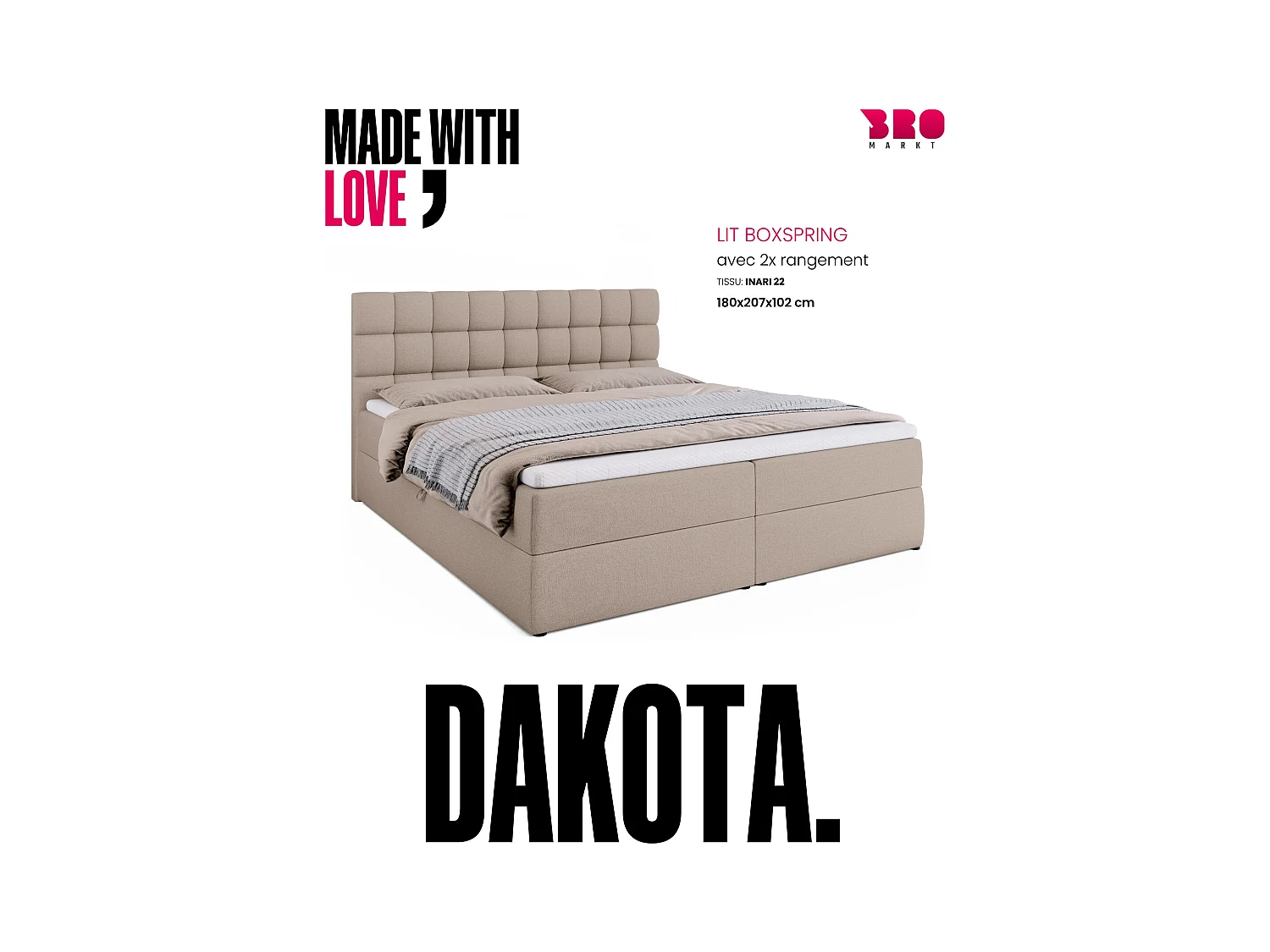 Boxspringbed met hoofdeinde, matras en dekmatras - DAKOTA - 180x200 - beige