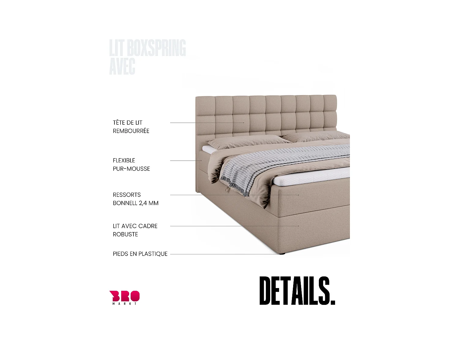 Boxspringbed met hoofdeinde, matras en dekmatras - DAKOTA - 180x200 - beige