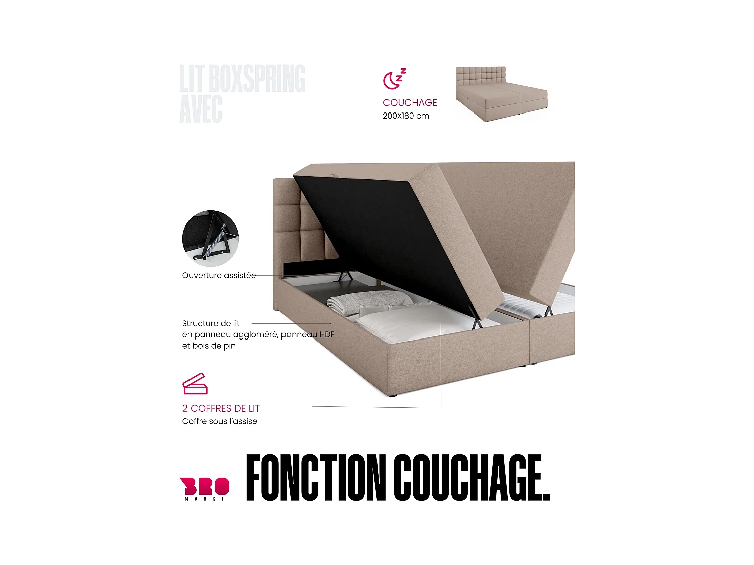 Boxspringbed met hoofdeinde, matras en dekmatras - DAKOTA - 180x200 - beige