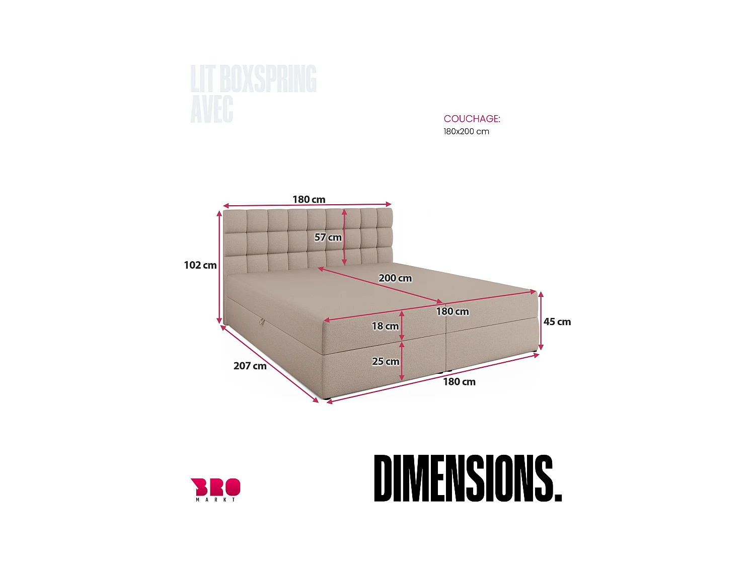 Boxspringbed met hoofdeinde, matras en dekmatras - DAKOTA - 180x200 - beige