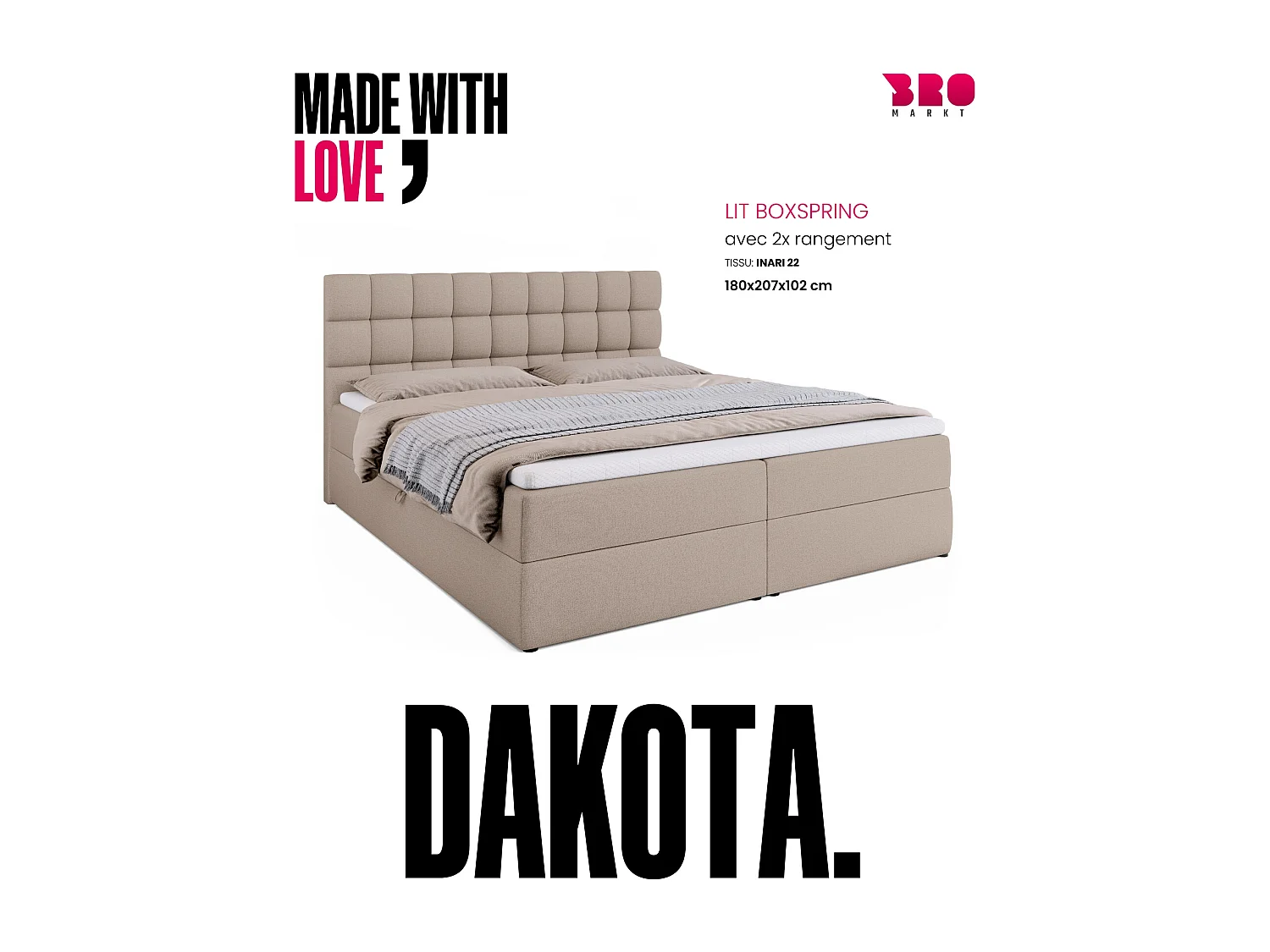 Lit boxspring avec rangement DAKOTA - matelas - surmatelas - beige - 180x200 cm