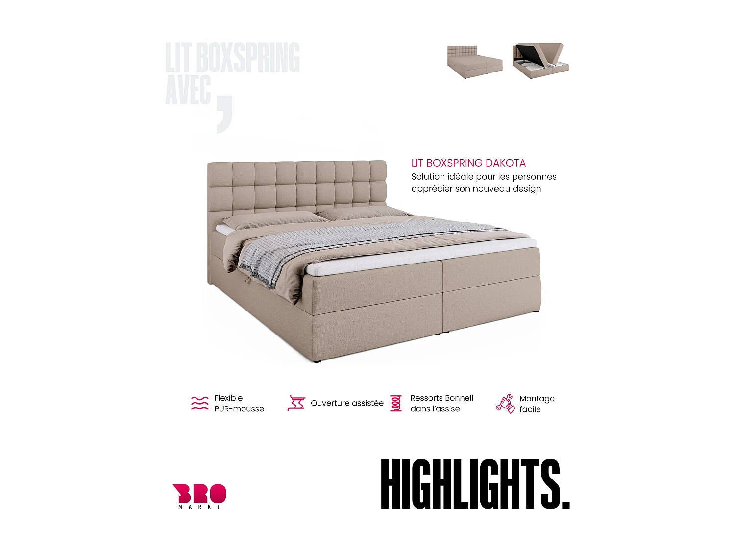 Lit boxspring avec rangement DAKOTA - matelas - surmatelas - beige - 180x200 cm