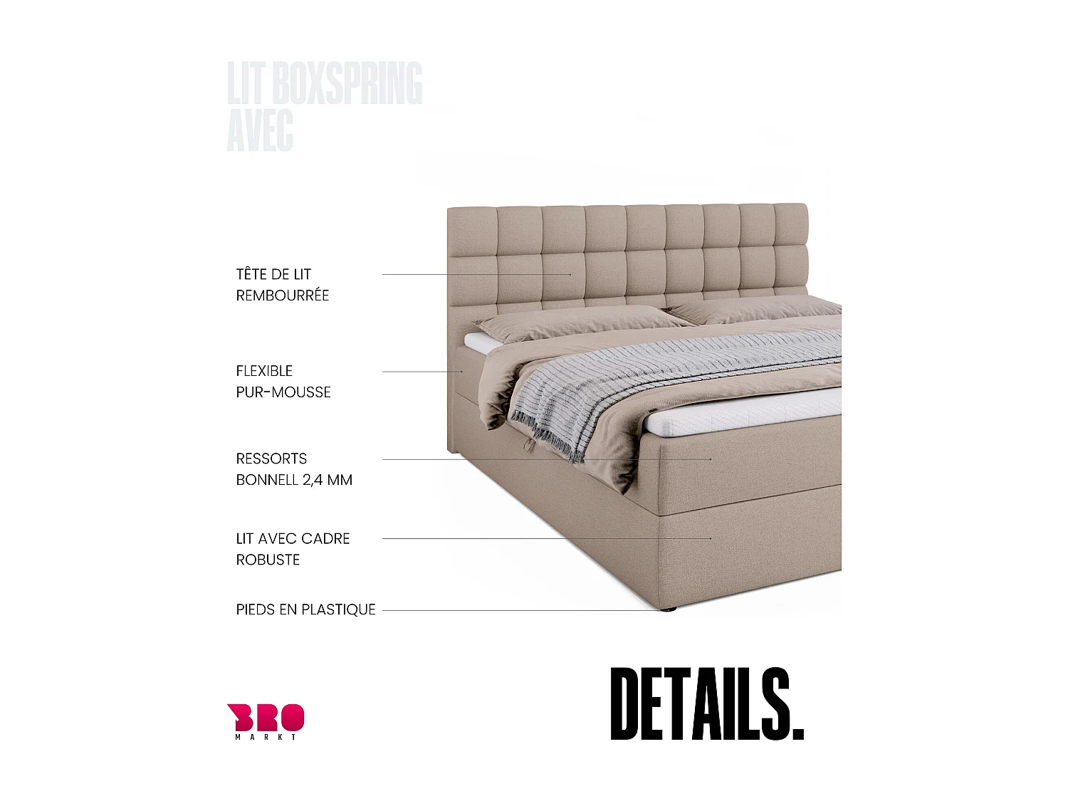 Lit boxspring avec rangement DAKOTA - matelas - surmatelas - beige - 180x200 cm