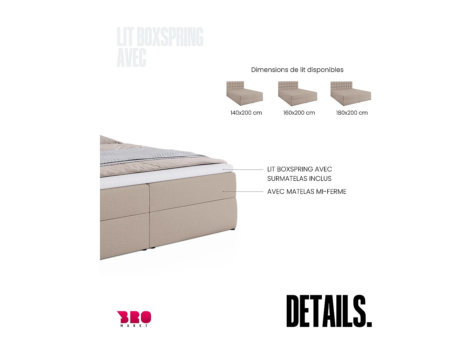 Lit boxspring avec rangement DAKOTA - matelas - surmatelas - beige - 180x200 cm