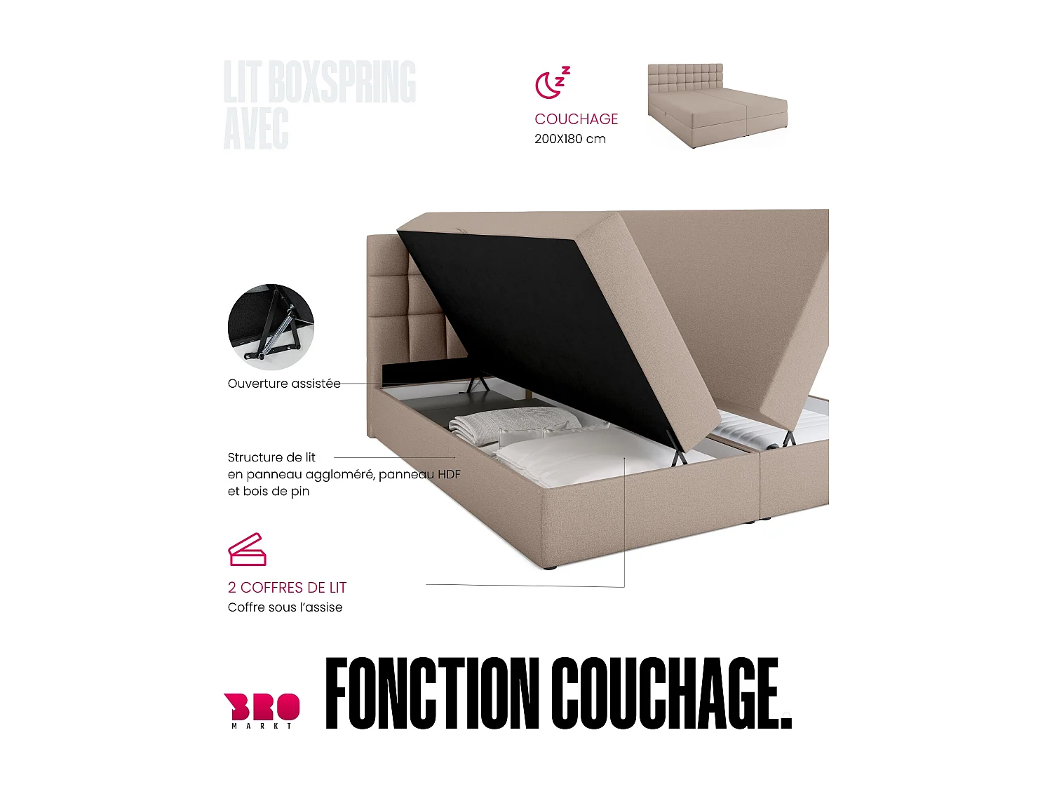 Lit boxspring avec rangement DAKOTA - matelas - surmatelas - beige - 180x200 cm