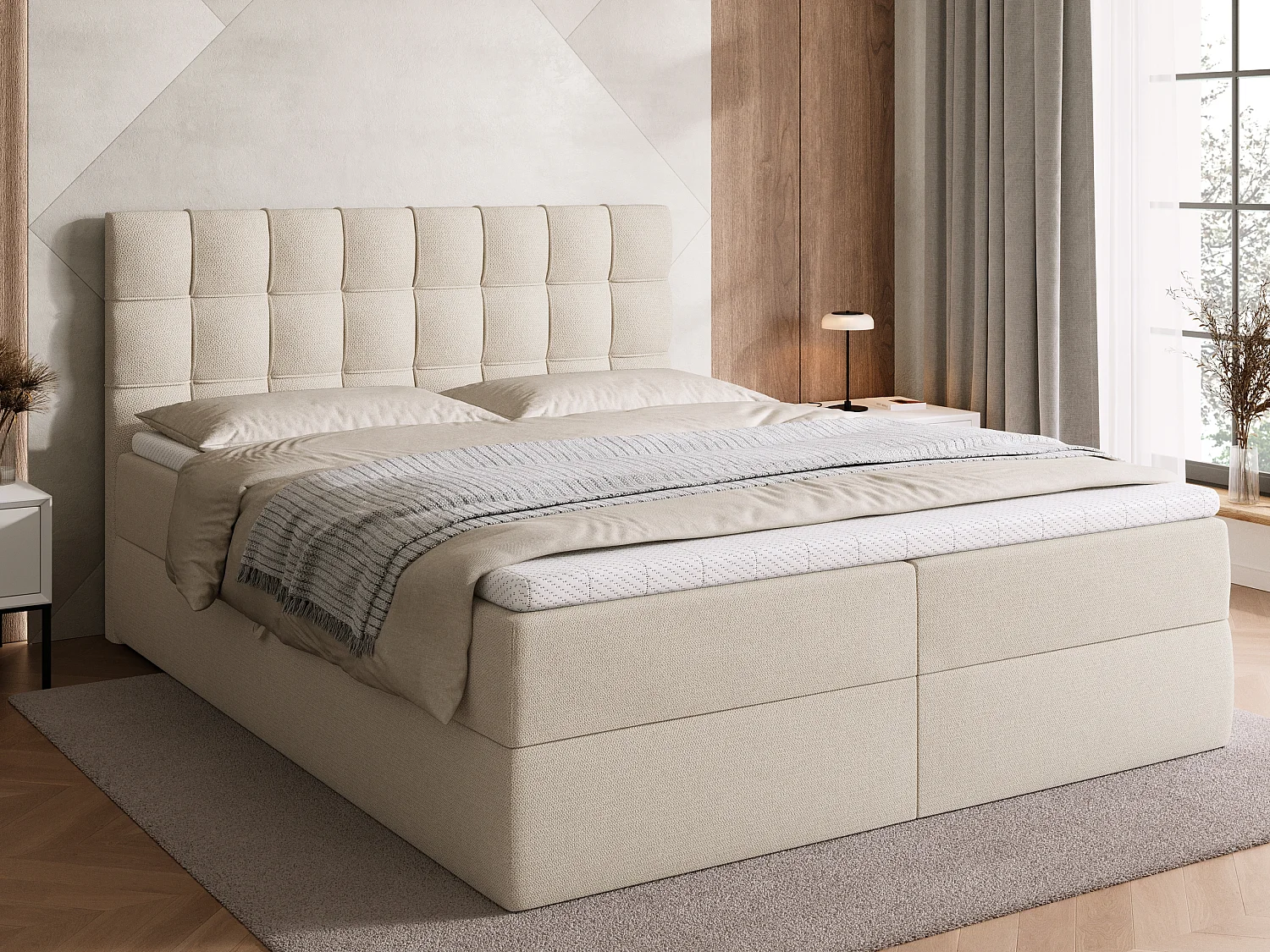 Boxspringbed met hoofdeinde, matras en dekmatras - DETROIT - 160x200 - beige