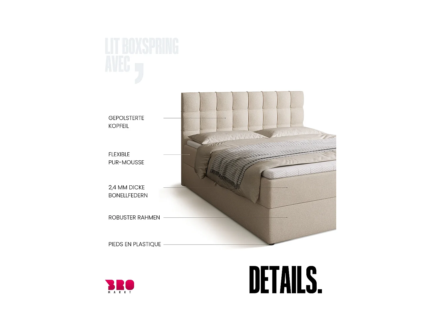Boxspringbed met hoofdeinde, matras en dekmatras - DETROIT - 160x200 - beige