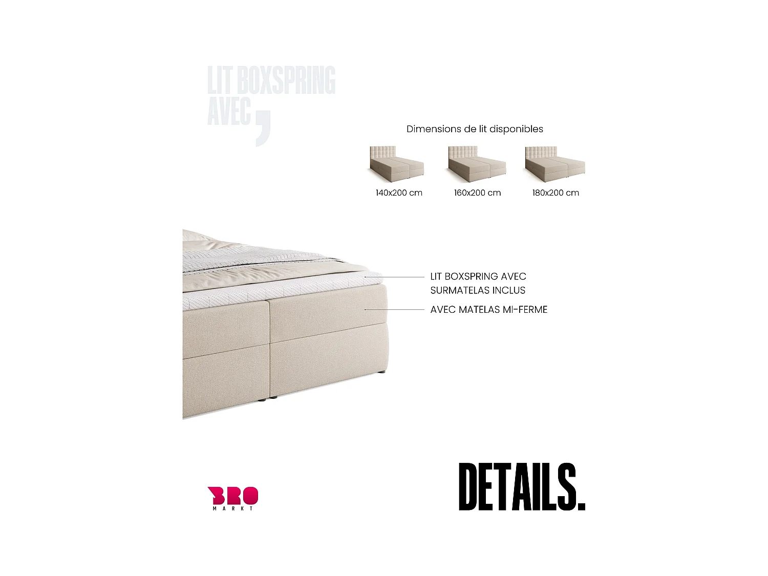 Boxspringbed met hoofdeinde, matras en dekmatras - DETROIT - 160x200 - beige