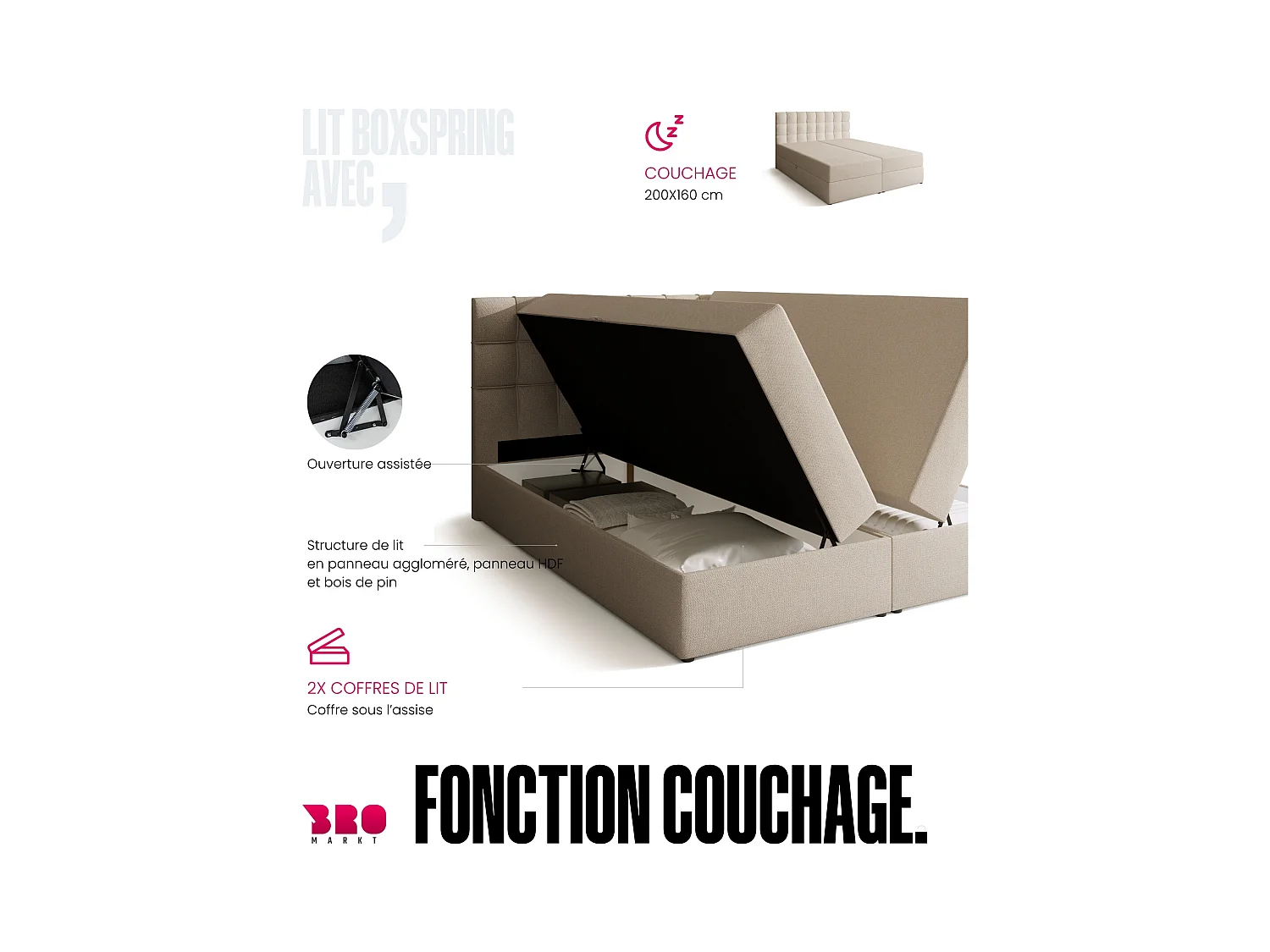 Boxspringbed met hoofdeinde, matras en dekmatras - DETROIT - 160x200 - beige