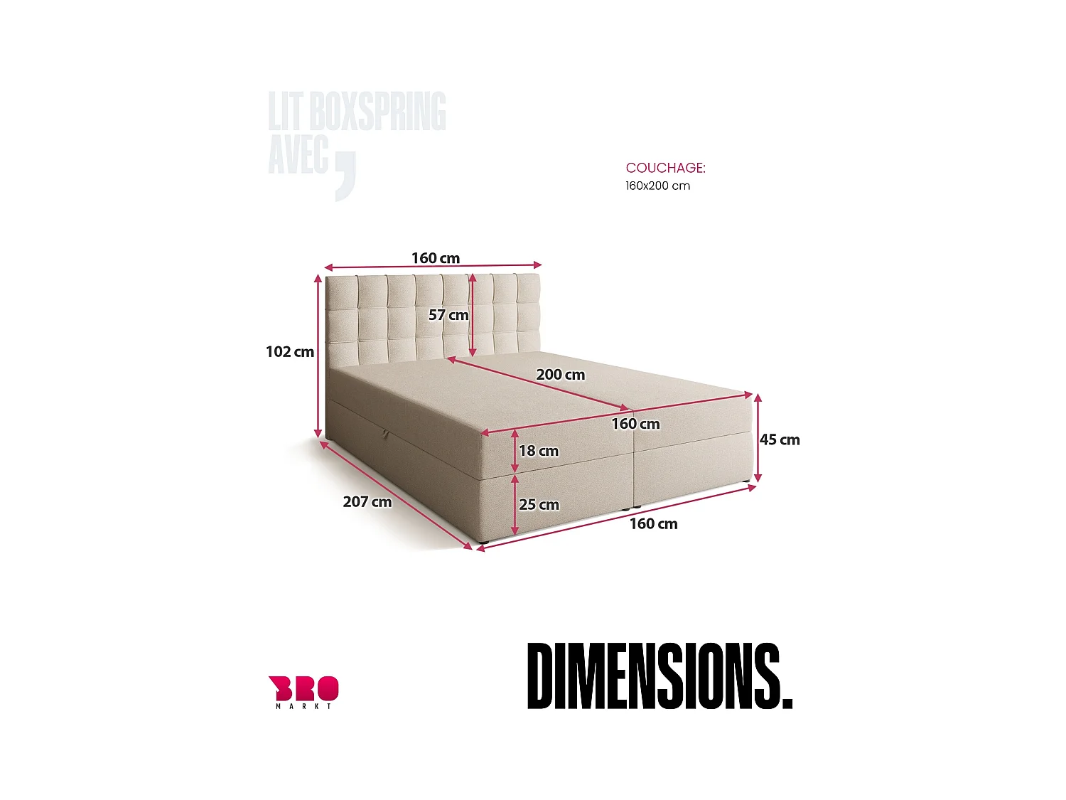 Boxspringbed met hoofdeinde, matras en dekmatras - DETROIT - 160x200 - beige