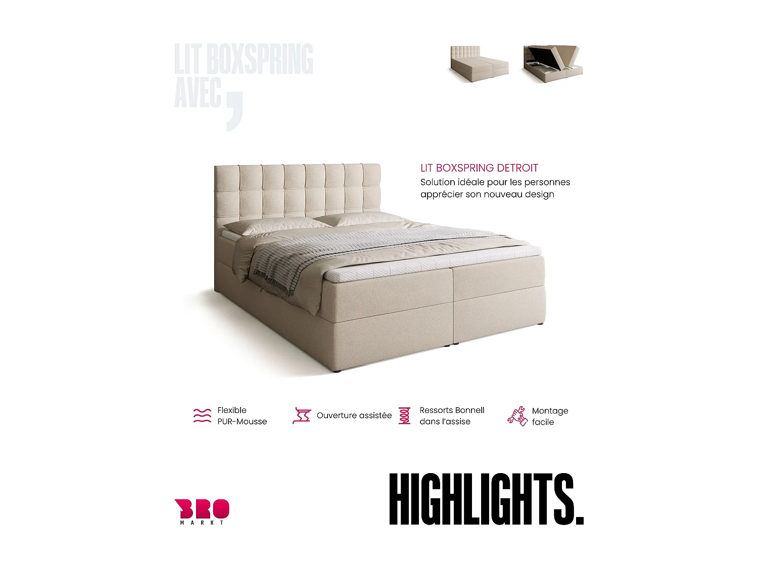 Lit boxspring avec rangement DETROIT - matelas - surmatelas - beige - 160x200 cm