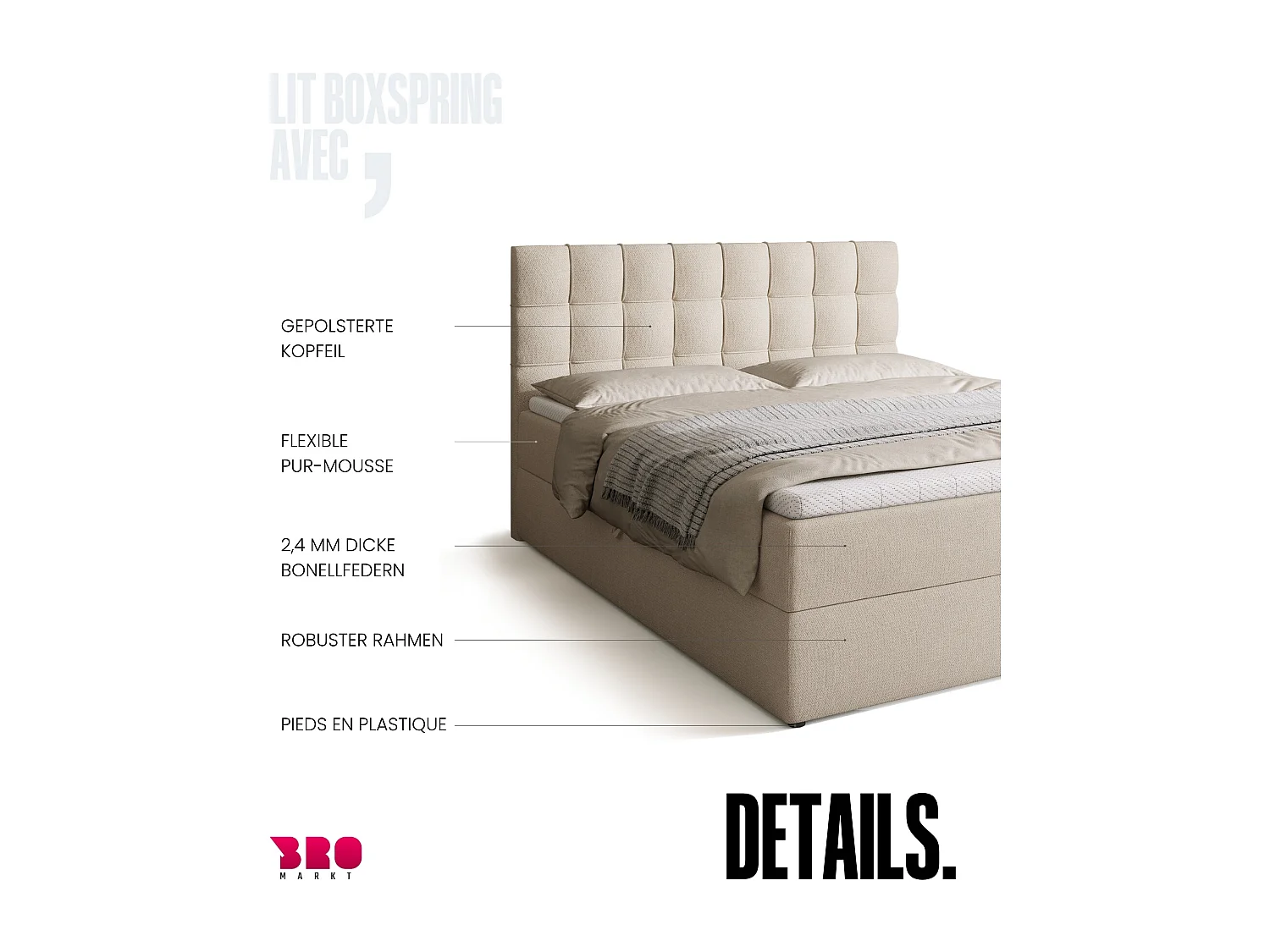 Lit boxspring avec rangement DETROIT - matelas - surmatelas - beige - 160x200 cm