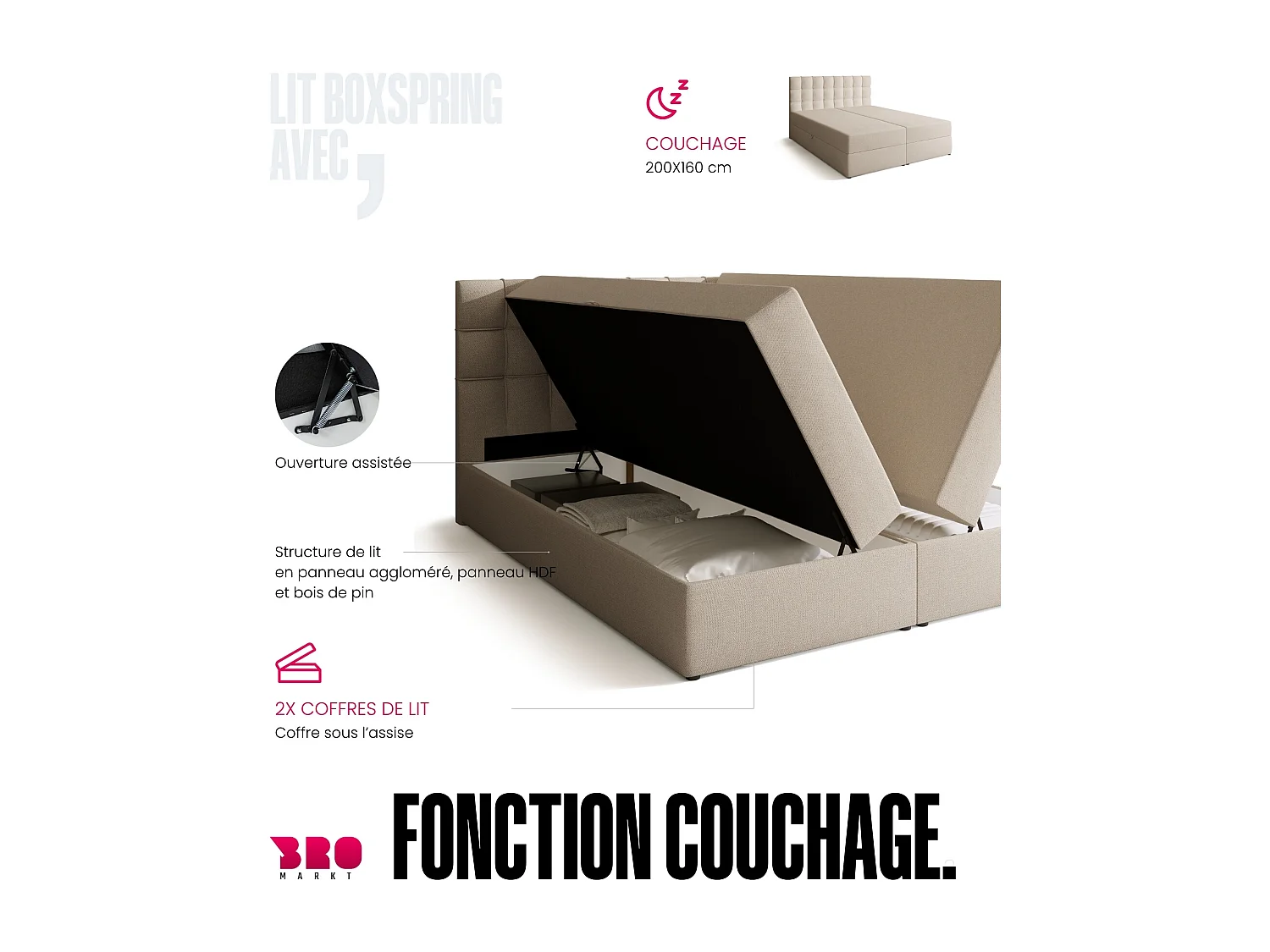 Lit boxspring avec rangement DETROIT - matelas - surmatelas - beige - 160x200 cm