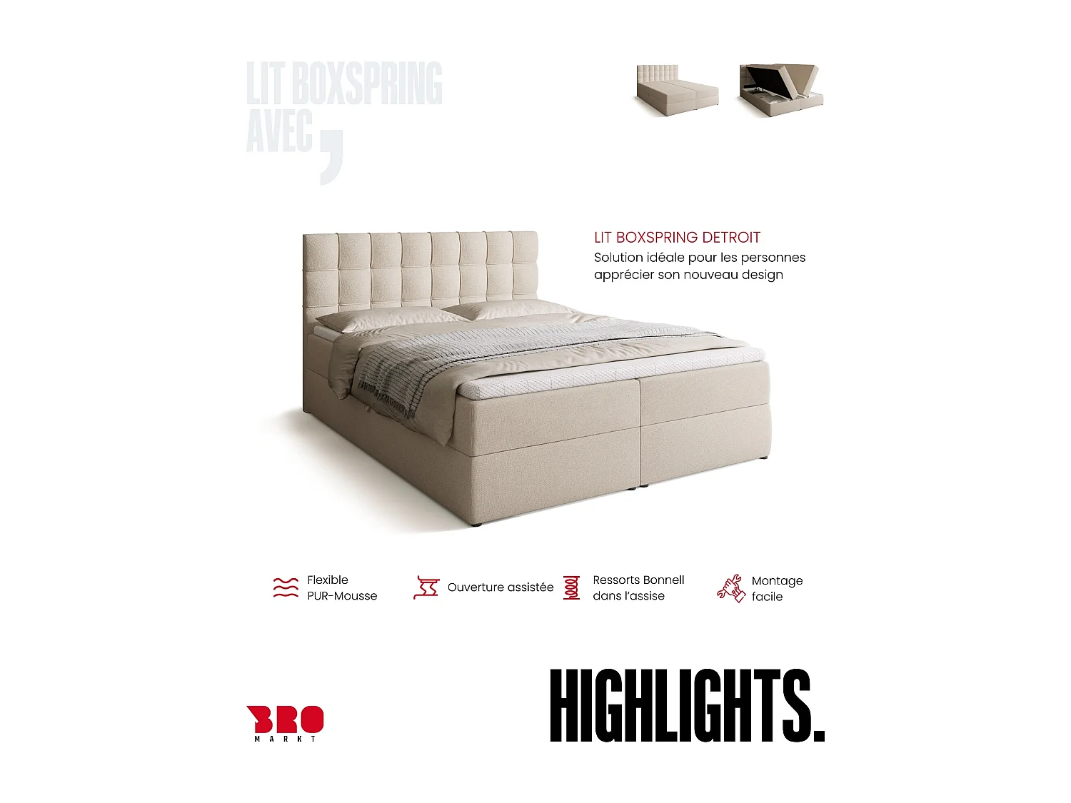 Lit boxspring avec rangement DETROIT - matelas - surmatelas - beige - 160x200 cm
