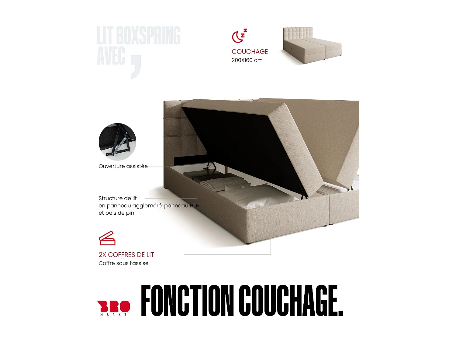 Lit boxspring avec rangement DETROIT - matelas - surmatelas - beige - 160x200 cm