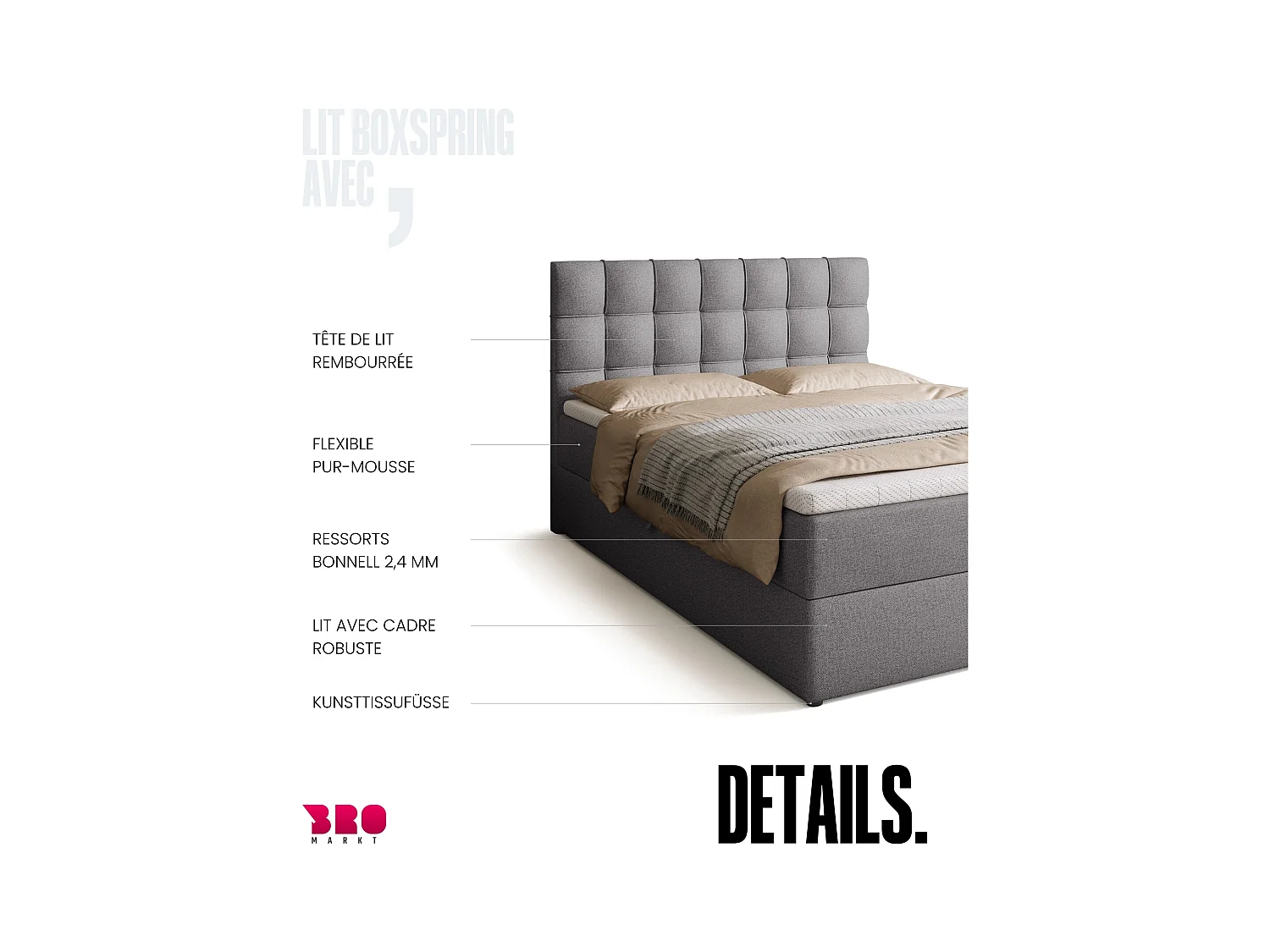 Boxspringbed met hoofdeinde, matras en dekmatras - DETROIT - 140x200 - grijs